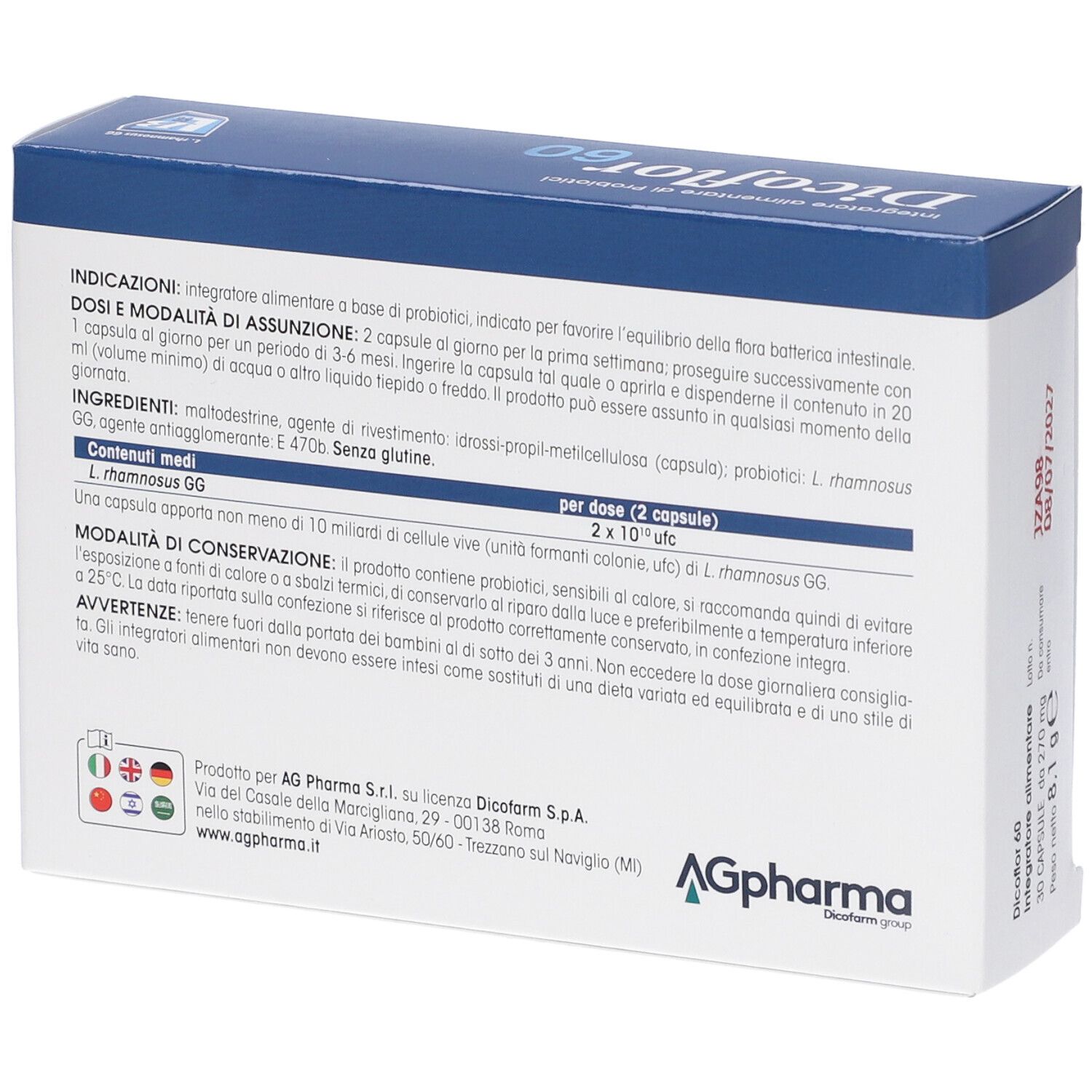 Retro della scatola Dicoflor 60. Testo in italiano. Ingredienti, dosaggio, avvertenze.