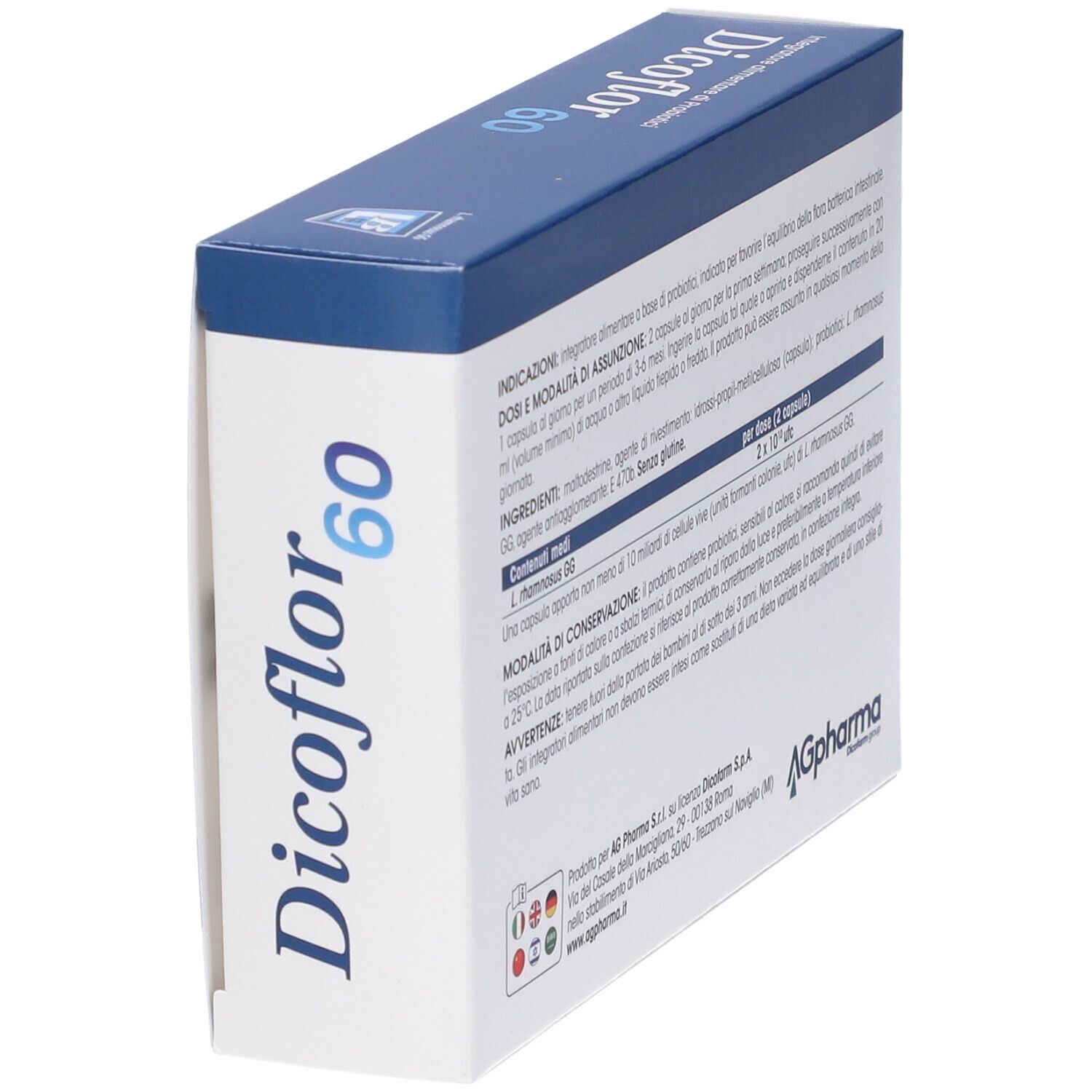 Scatola Dicoflor 60, angolata. Retro con testo. Logo AGpharma. Diversi simboli linguistici.
