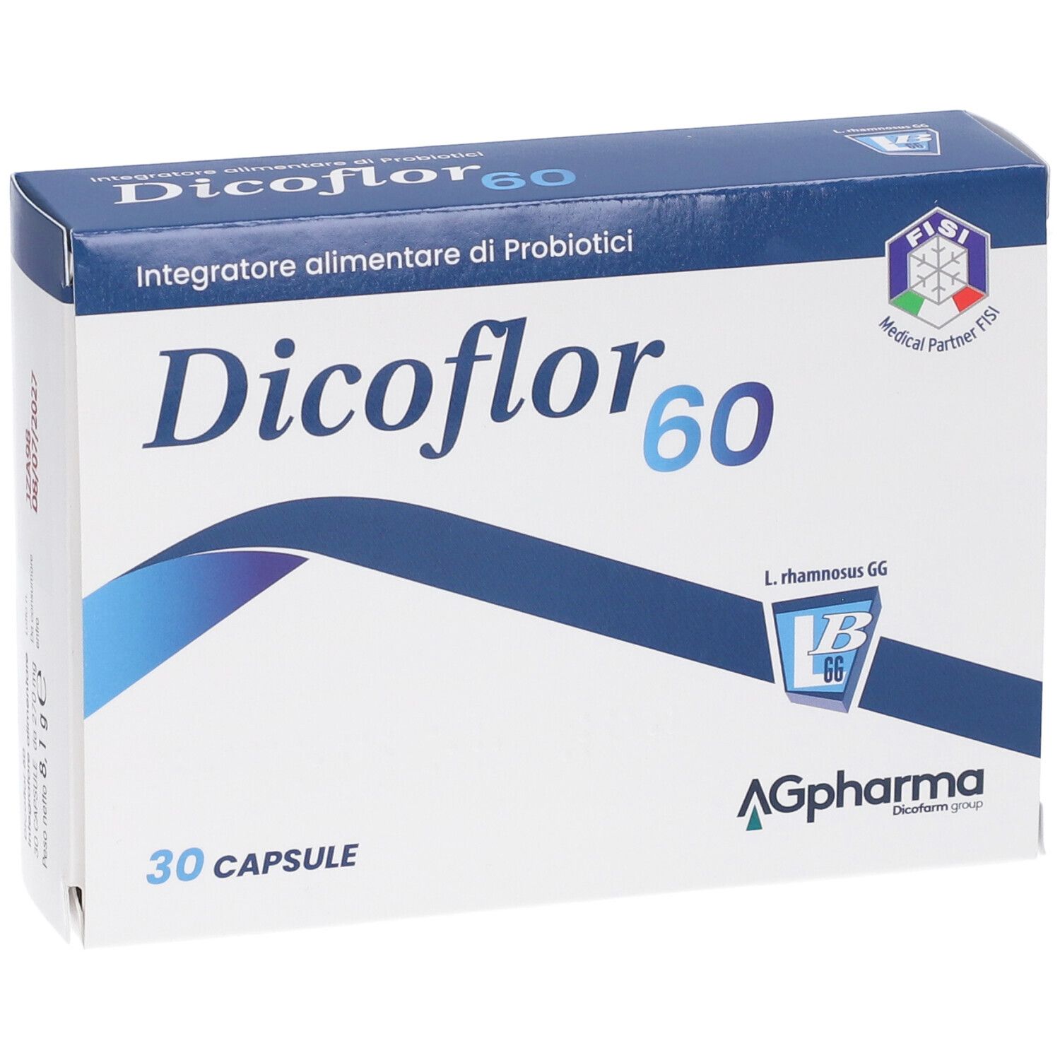 Scatola Dicoflor 60. Confezione blu e bianca. 30 capsule. Logo AGpharma. Logo Fisi.