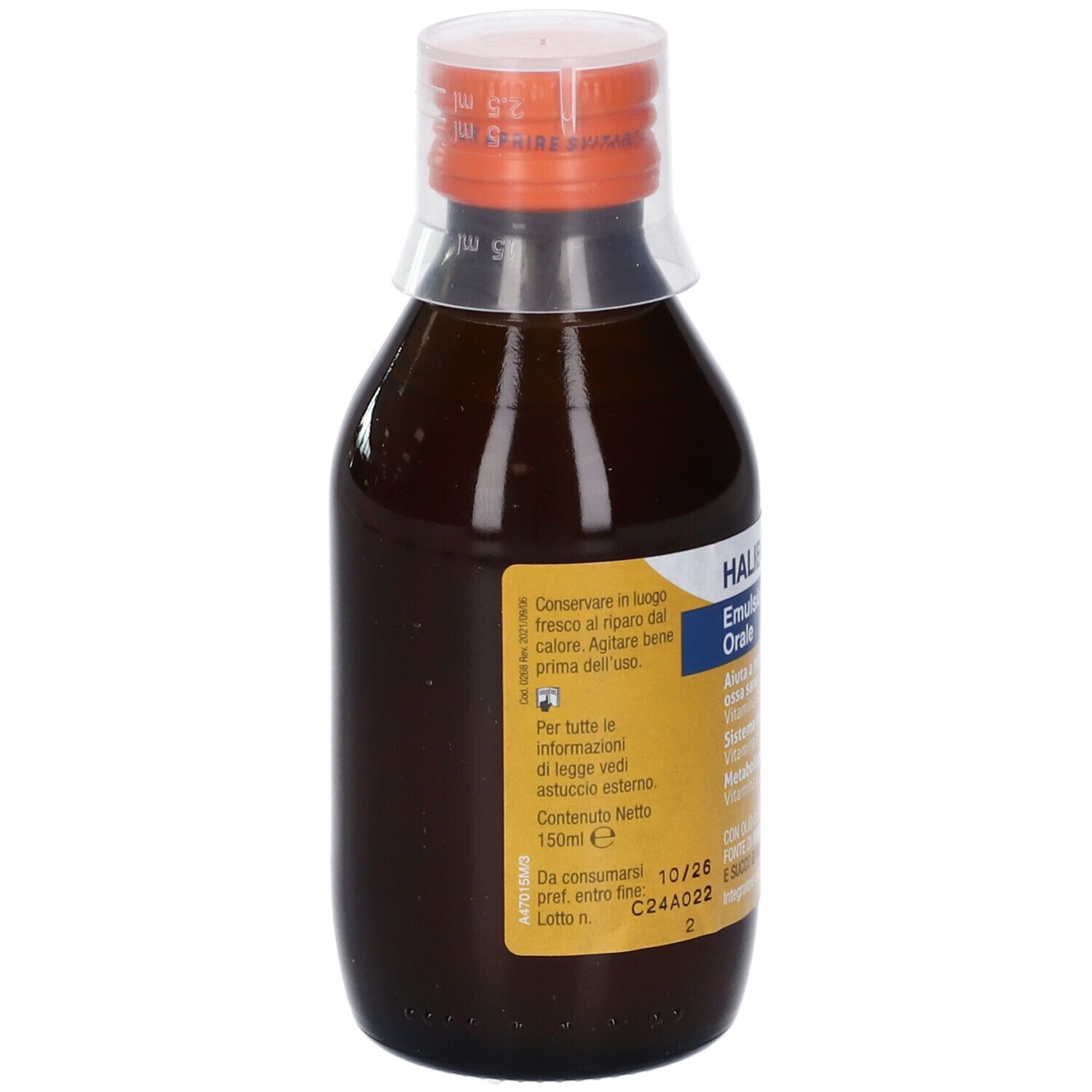 Flacone di vetro marrone con tappo arancione. Retro con etichetta e testo. Nome del prodotto non visibile.