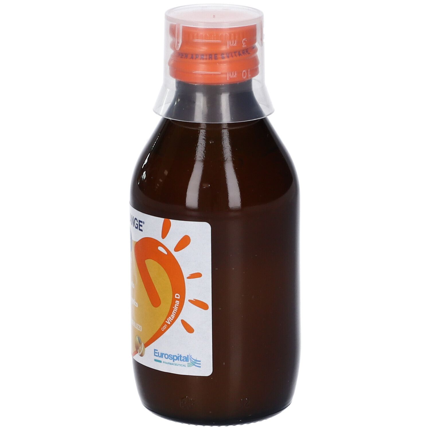 Flacone di vetro marrone con tappo arancione. Etichetta con design arancione e testo. Marchio: Eurospital.