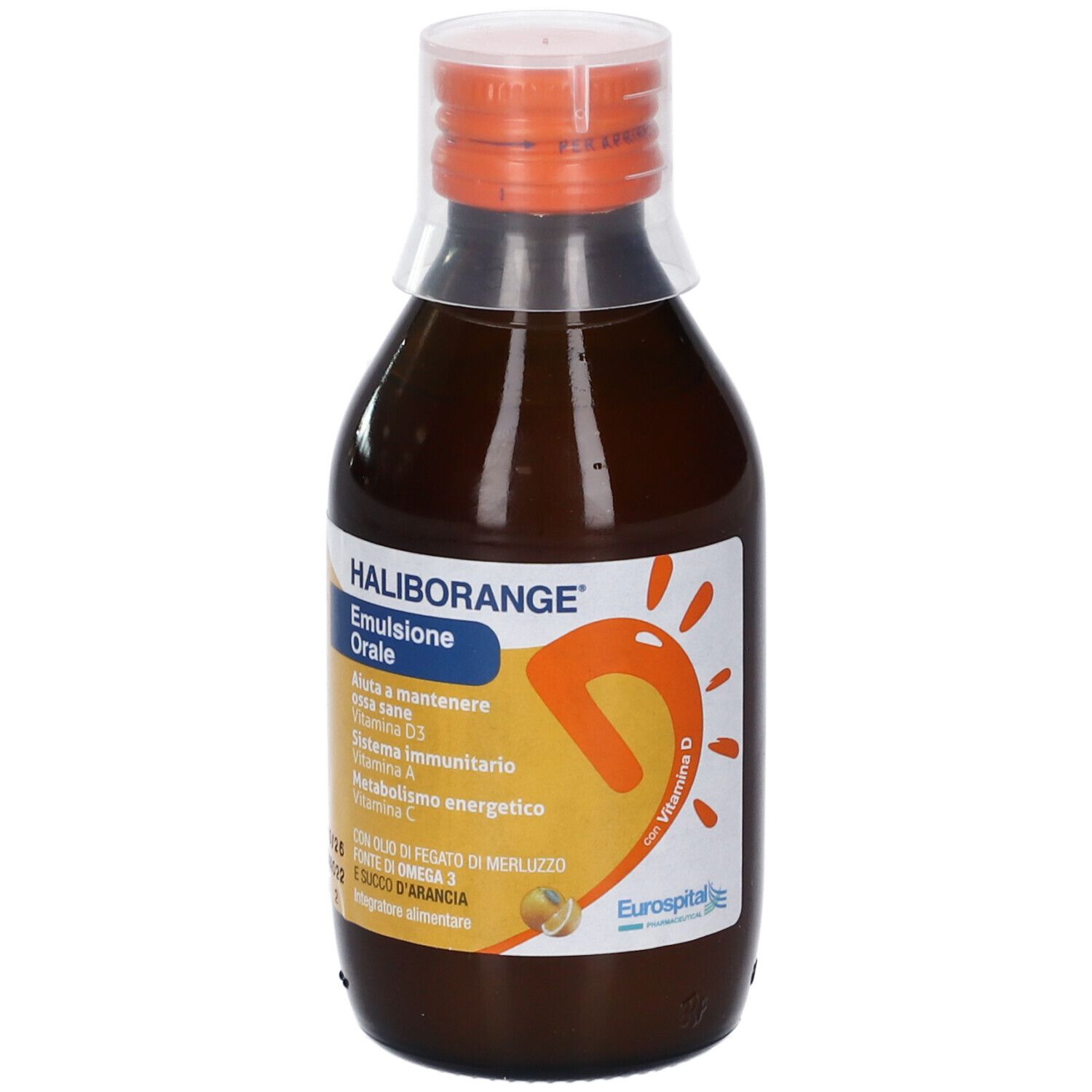 Flacone di vetro marrone con tappo arancione. Etichetta con nome del prodotto e ingredienti. Marca: HALIBORANGE.