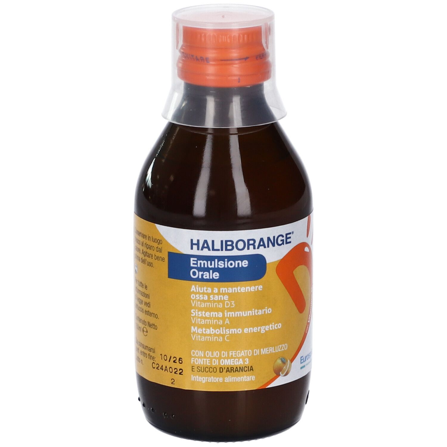 Flacone di vetro marrone con tappo arancione. Etichetta con nome del prodotto e ingredienti. Marca: HALIBORANGE.