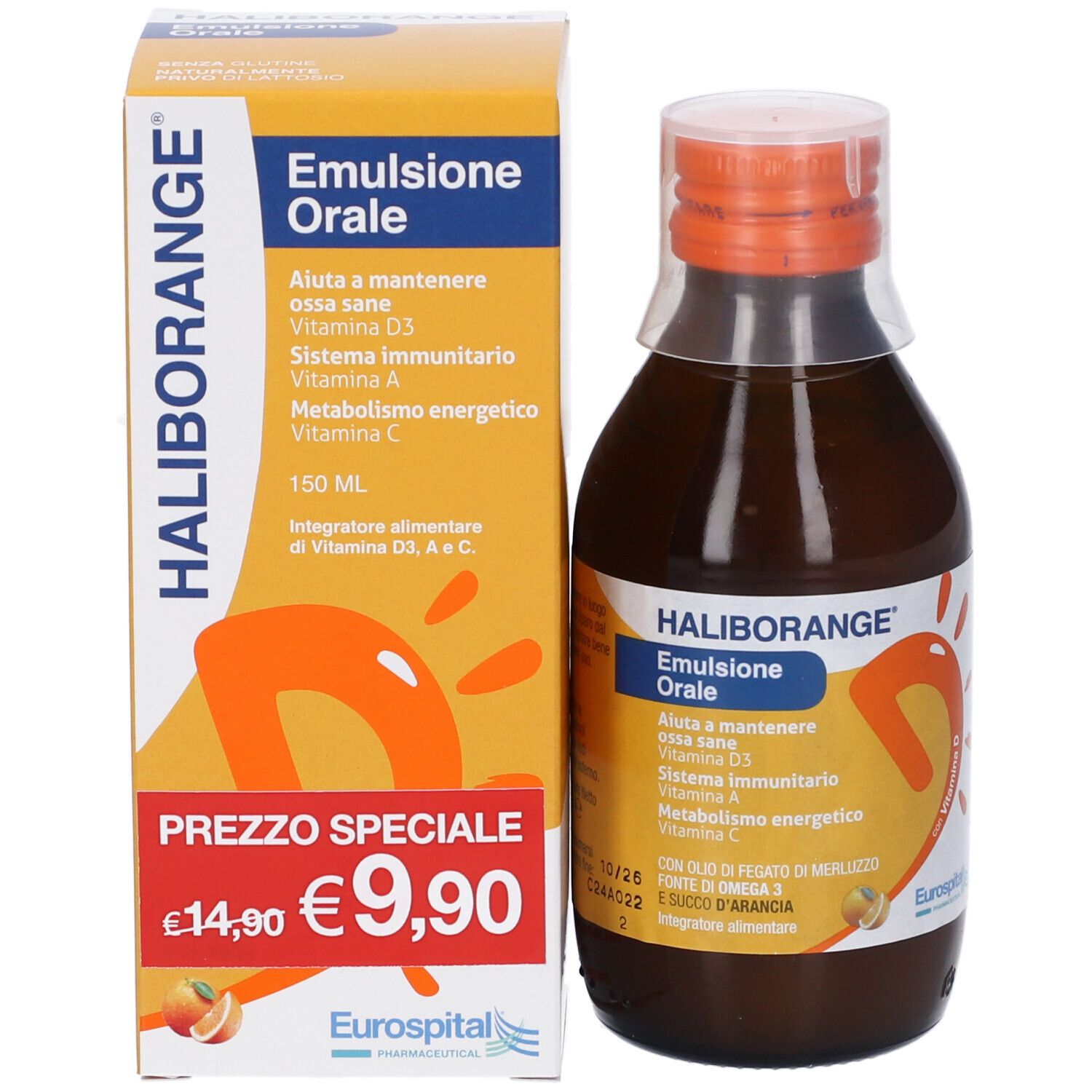 Flacone di vetro e scatola. Flacone con tappo arancione. Scatola con nome del prodotto e prezzo. Marca: HALIBORANGE.