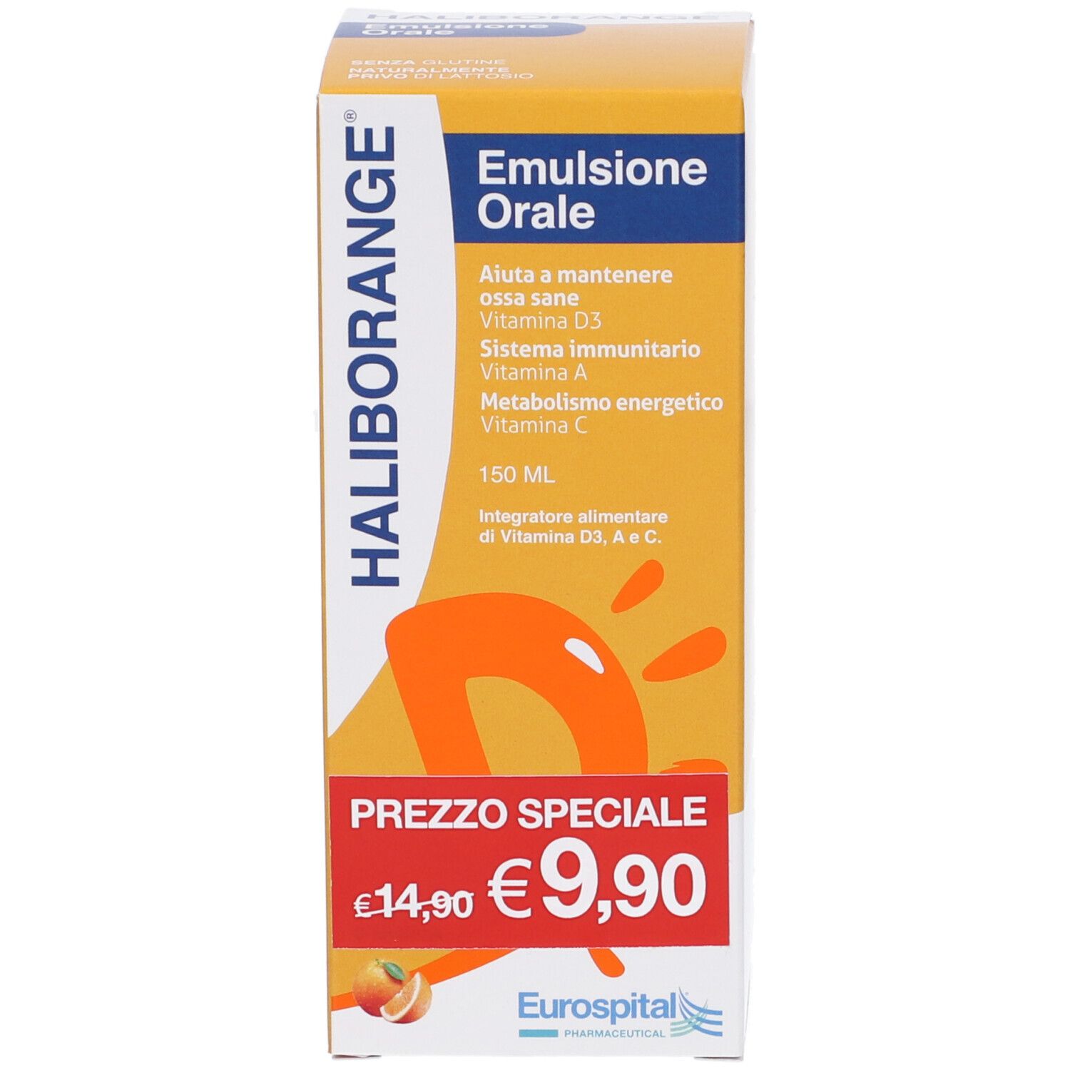 Scatola con nome del prodotto e prezzo. Design arancione. Marchio: HALIBORANGE. Logo Eurospital.