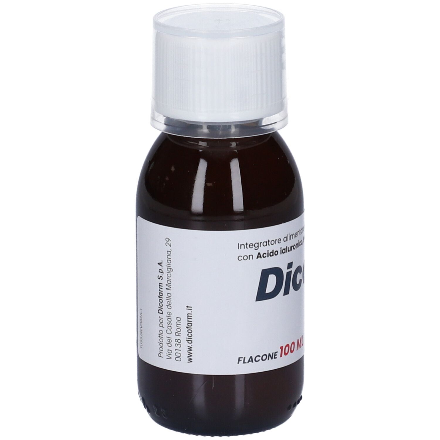 Flacone marrone con tappo bianco. Etichetta con nome prodotto Dicotuss e ingredienti. 100 ml.