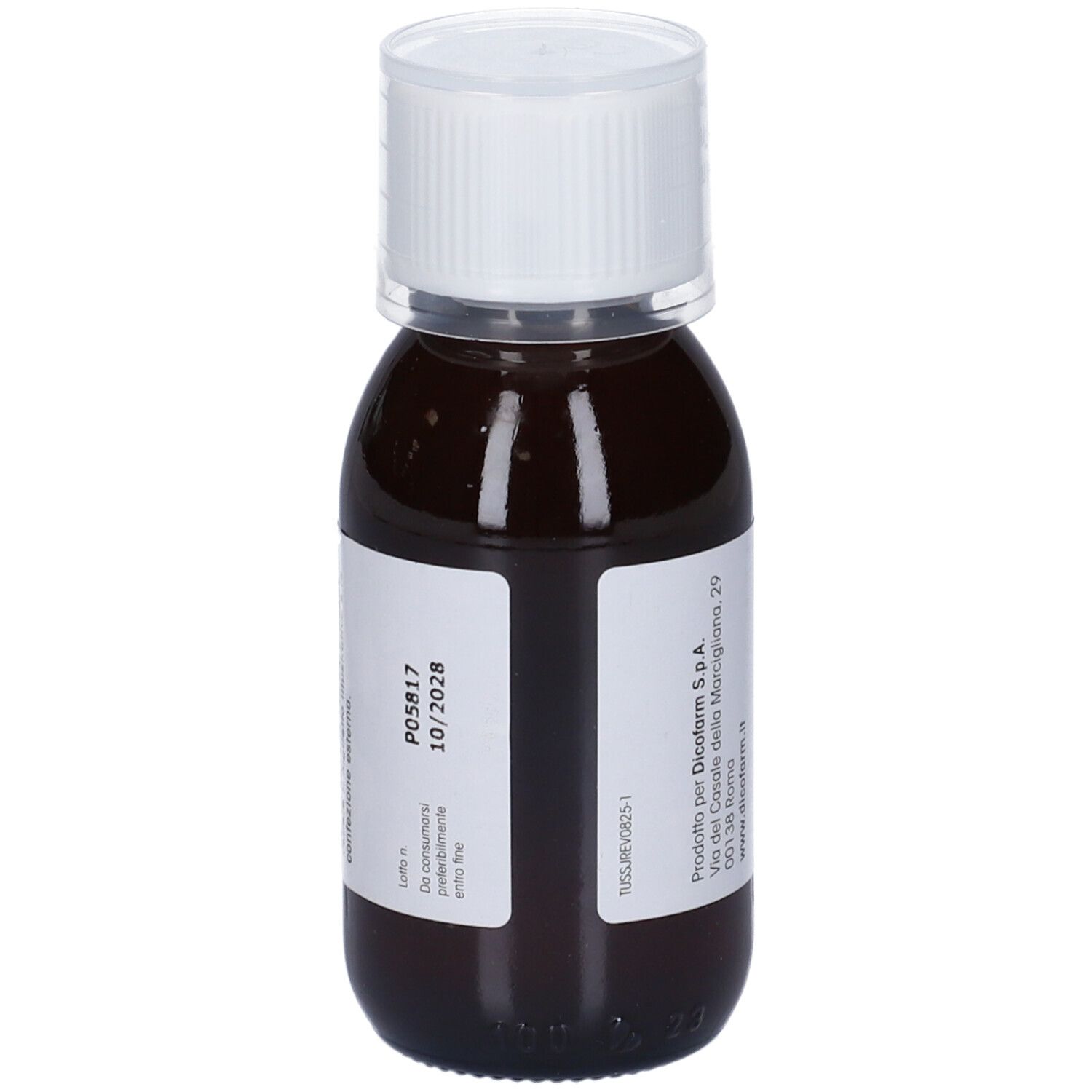 Flacone marrone con tappo bianco. Etichetta con informazioni e data di scadenza. 100 ml.