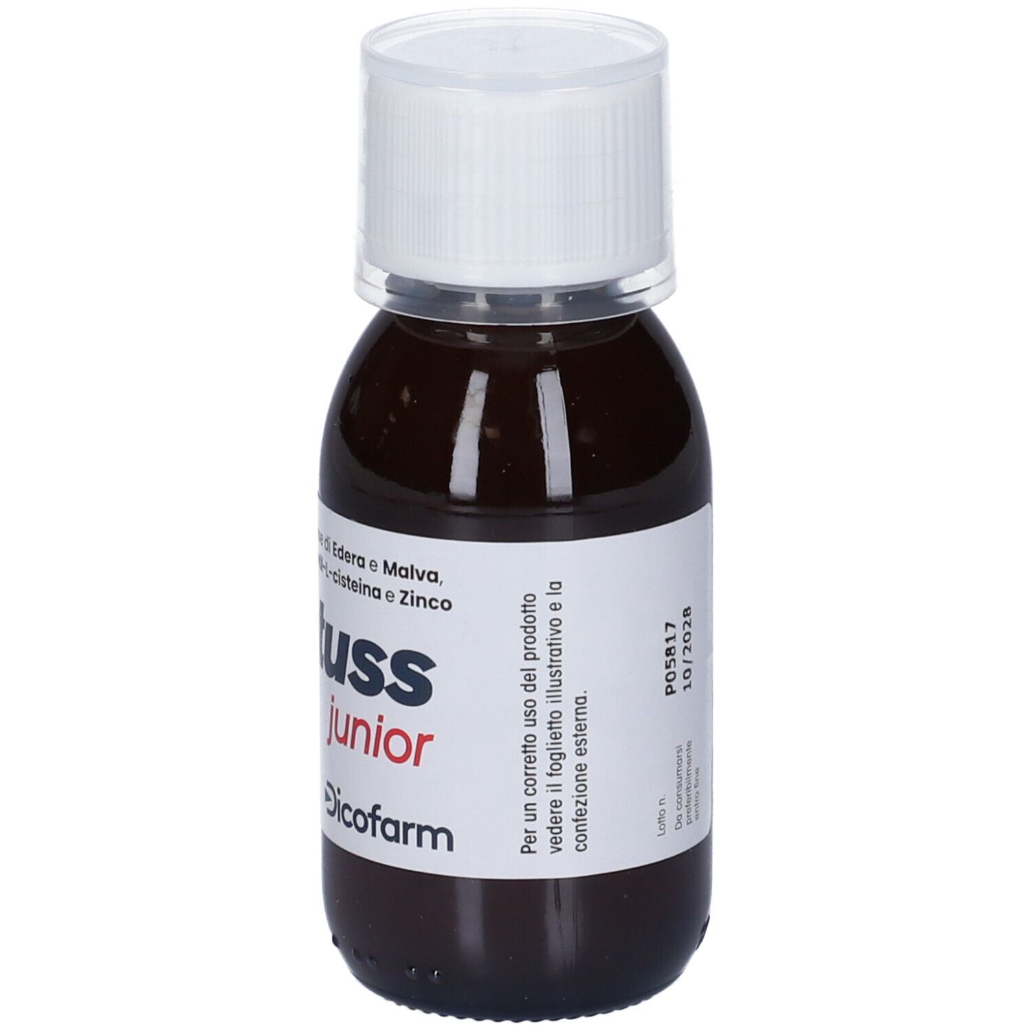 Flacone marrone con tappo bianco. Etichetta con nome prodotto Dicotuss junior e ingredienti. 100 ml.