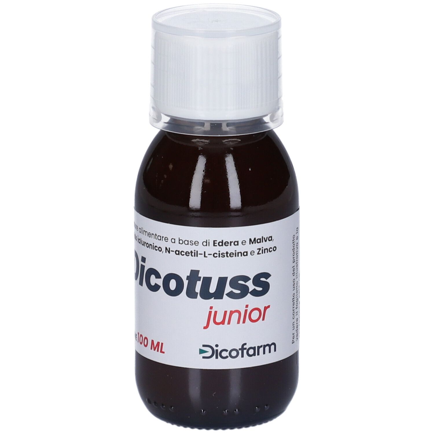 Flacone marrone con tappo bianco. Etichetta con nome prodotto Dicotuss junior e ingredienti. 100 ml.