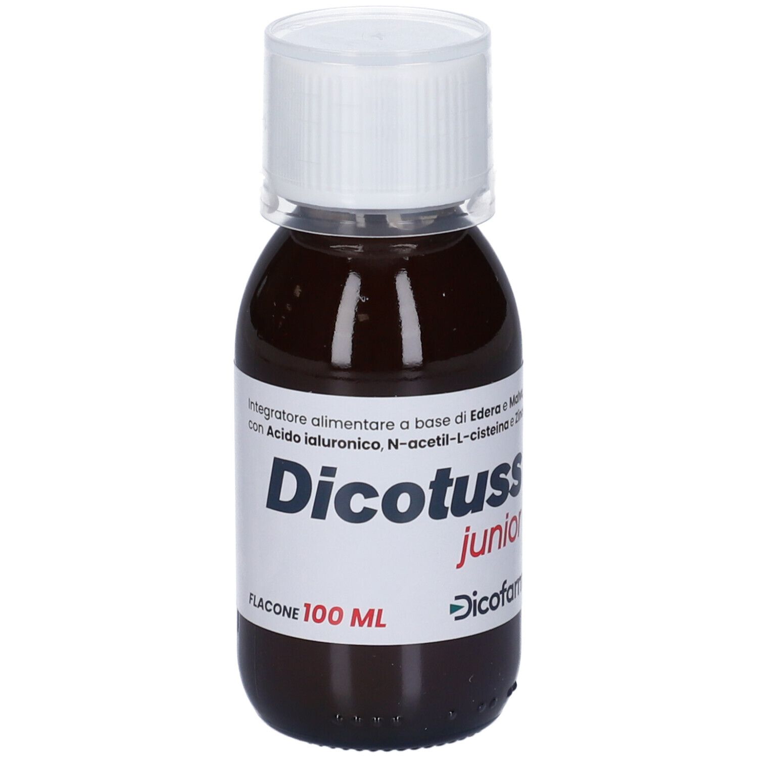 Flacone marrone con tappo bianco. Etichetta con nome prodotto Dicotuss junior e ingredienti. 100 ml.