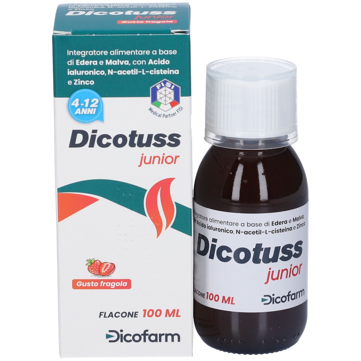 Flacone e confezione Dicotuss junior. Confezione con nome prodotto, ingredienti e logo. 100 ml.
