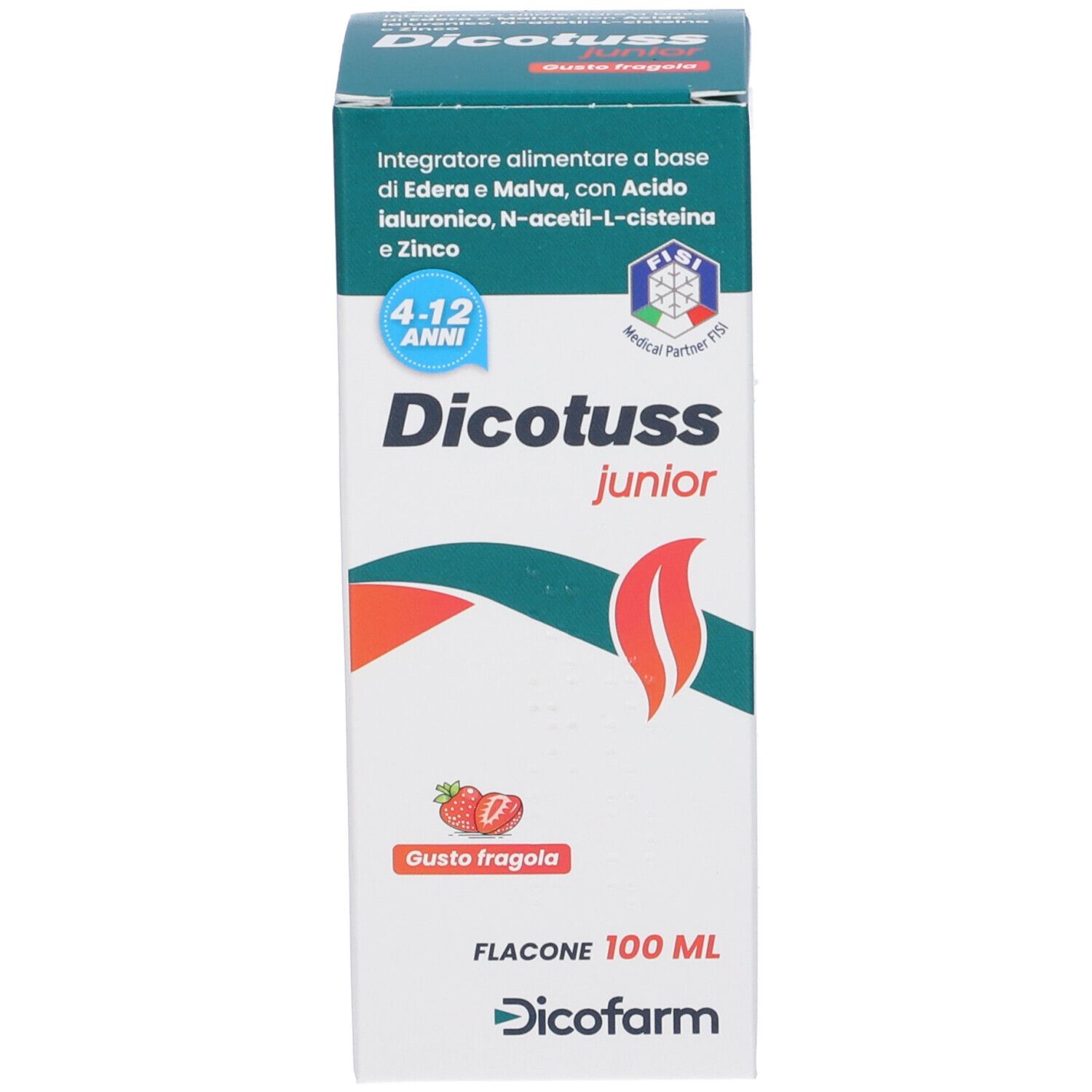 Confezione Dicotuss junior. Confezione con nome prodotto, ingredienti, logo e gusto fragola. 100 ml.