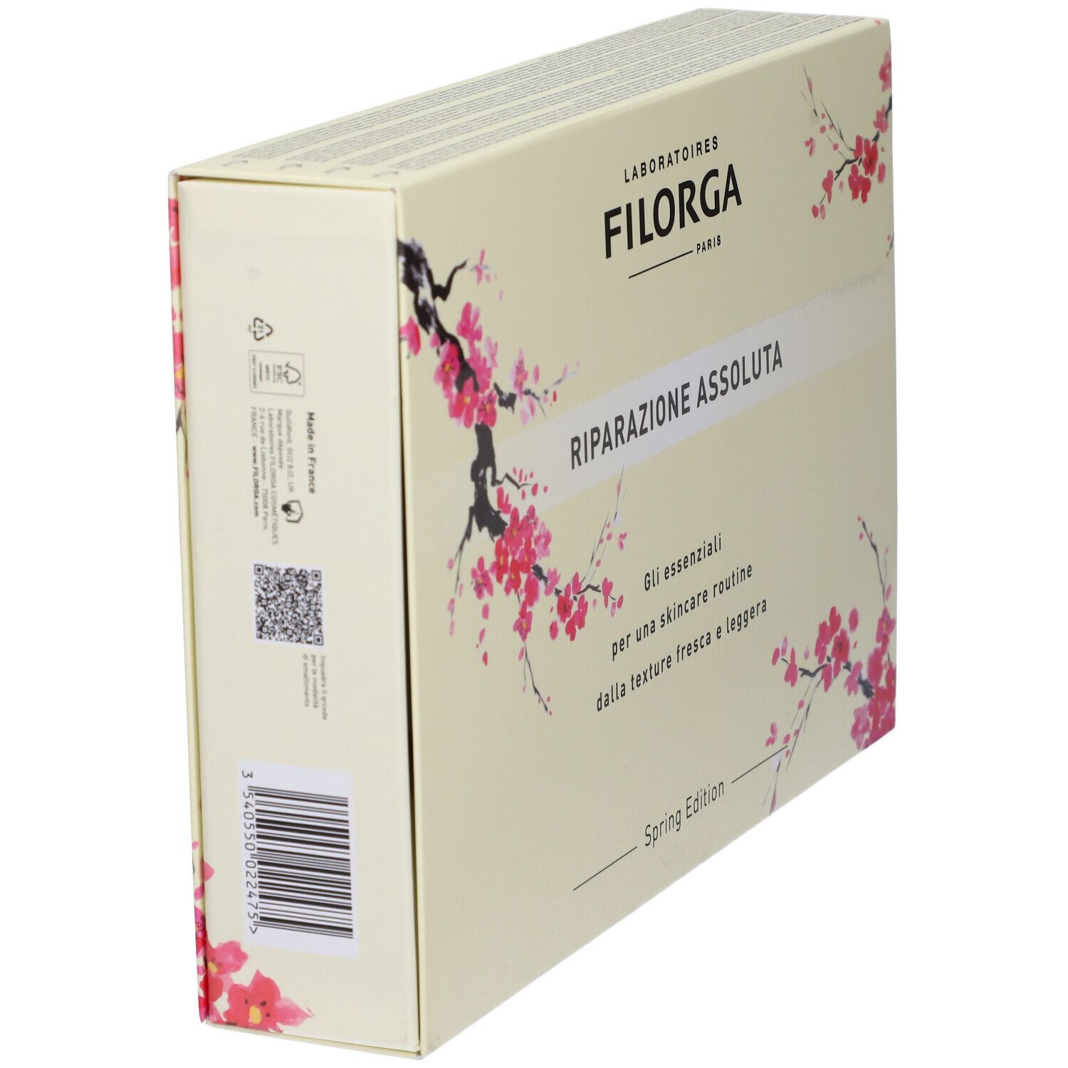Scatola Filorga. Riparazione Assoluta, Spring Edition. Design fiori di ciliegio. Codice a barre e QR.