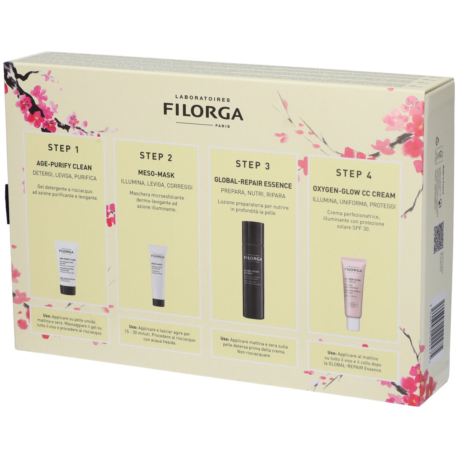 Retro scatola Filorga. Quattro prodotti: gel detergente, maschera, essenza, crema. Testo in italiano.