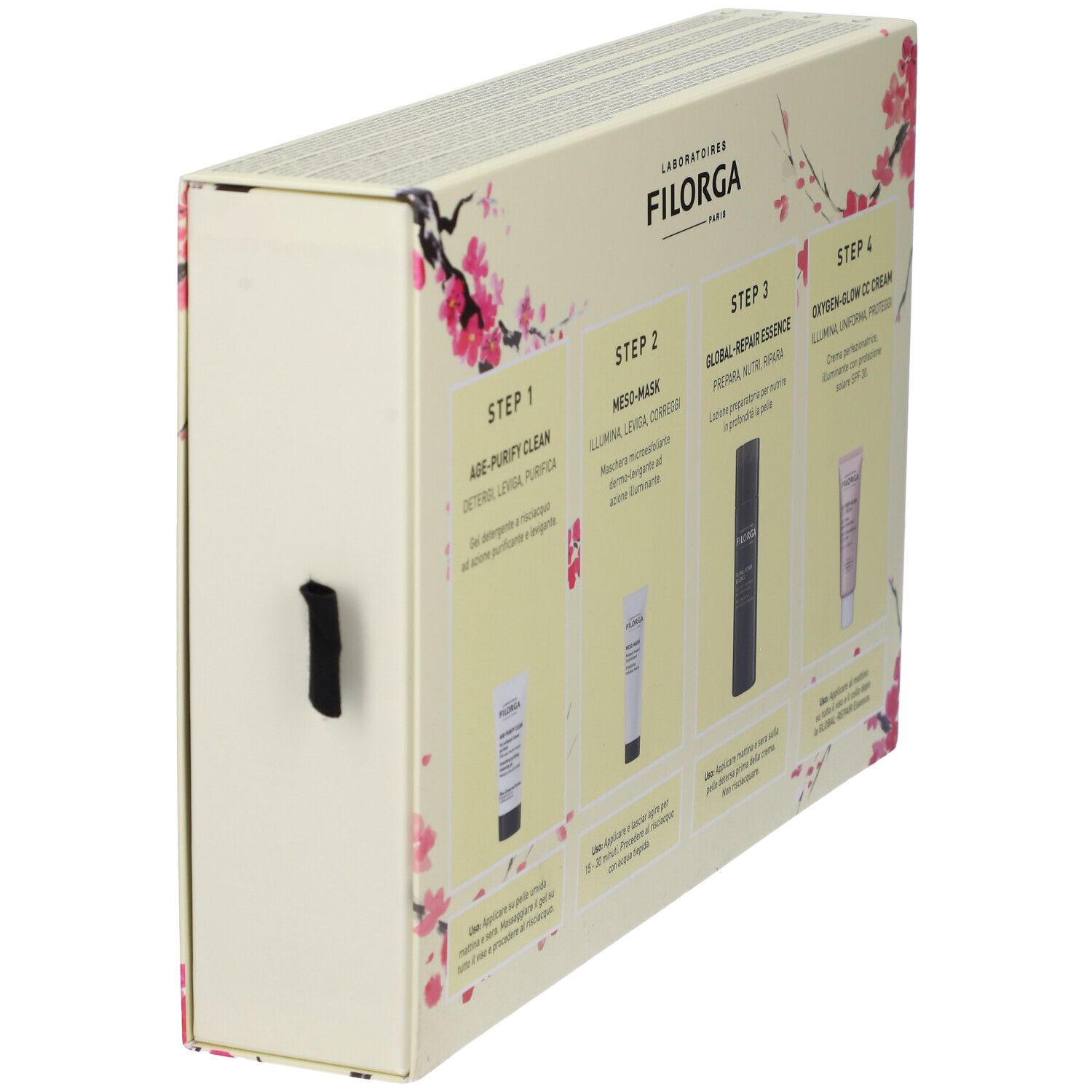 Scatola Filorga. Quattro prodotti: gel detergente, maschera, essenza, crema. Manico nero.
