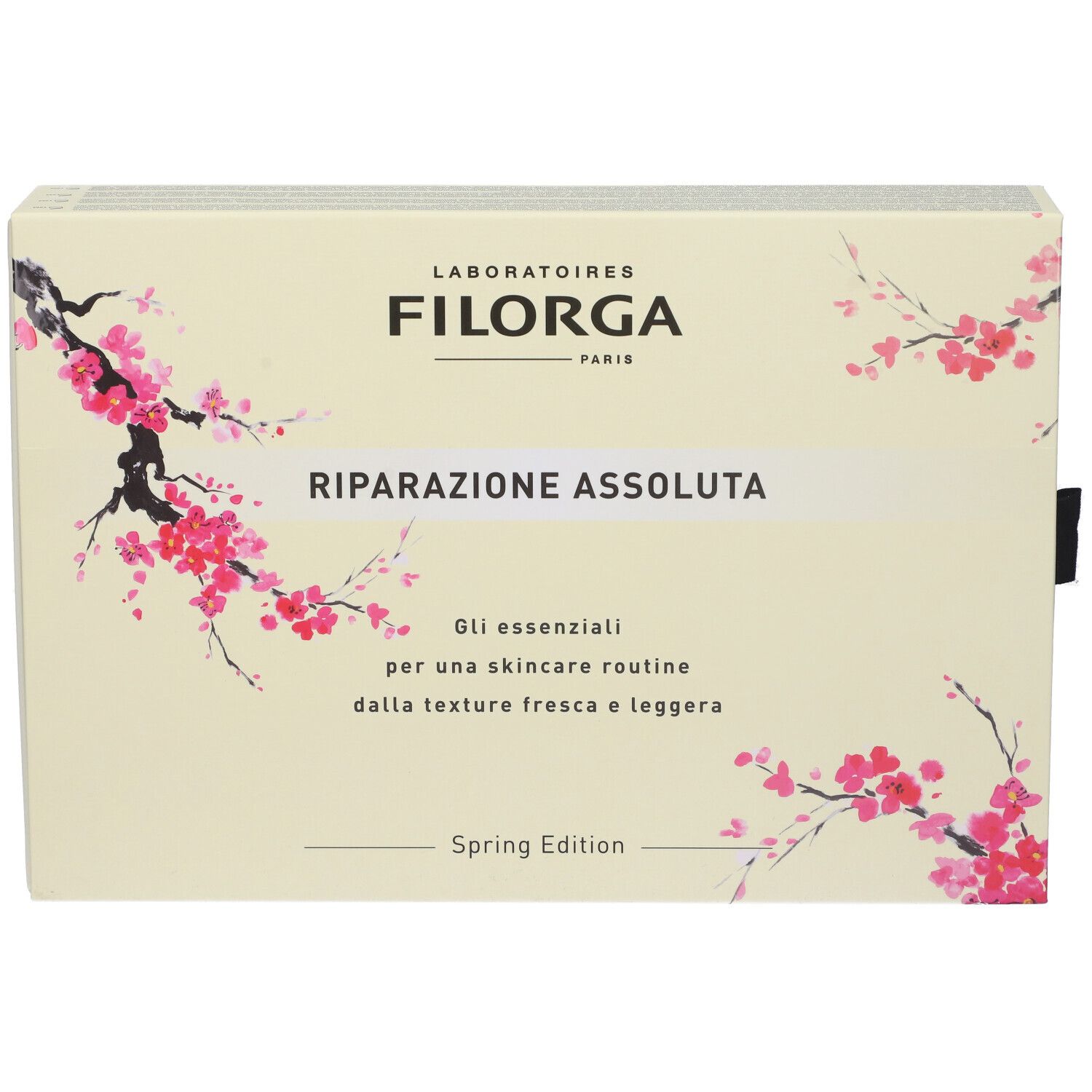 Scatola Filorga. Scritto Riparazione Assoluta, Spring Edition. Design fiori di ciliegio. Manico nero.
