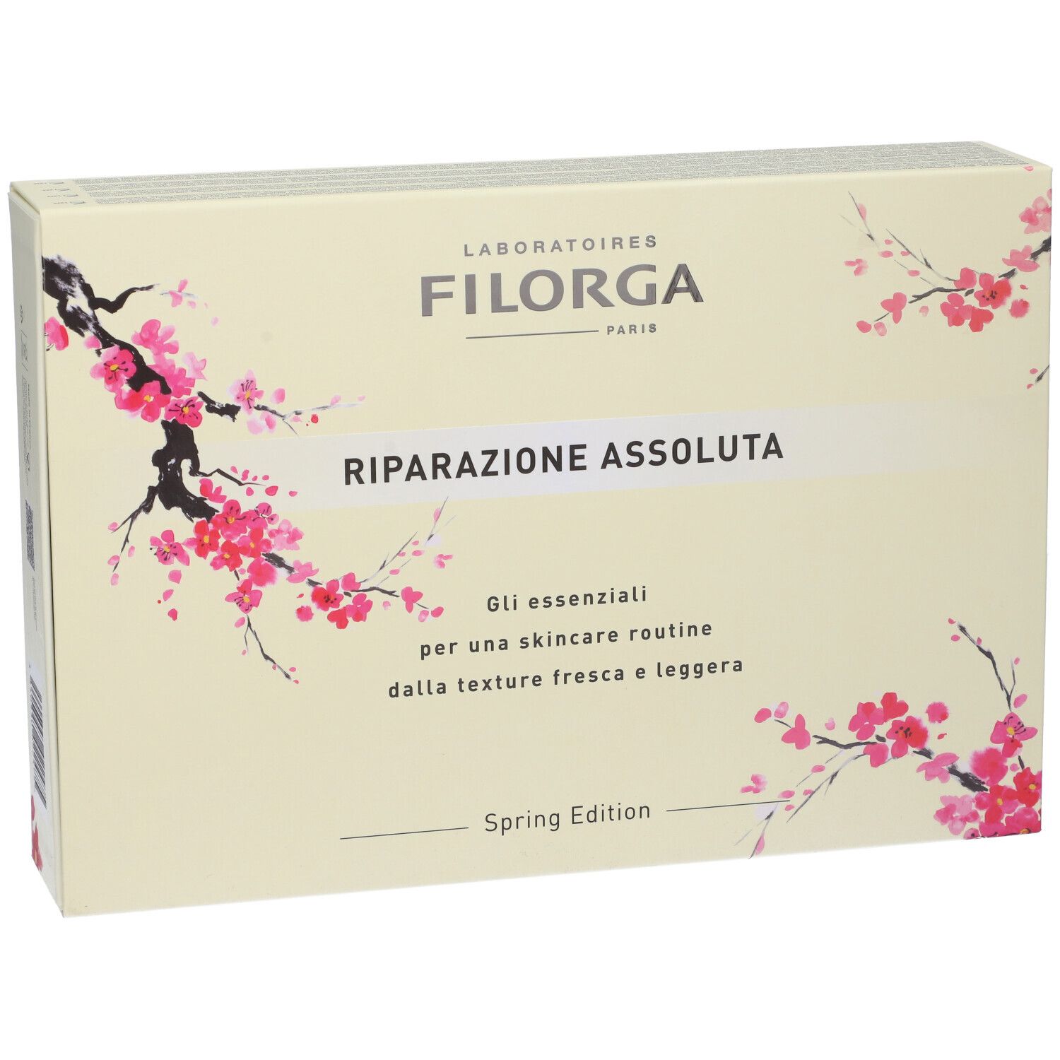 Scatola Filorga. Scritto Riparazione Assoluta, Spring Edition. Design fiori di ciliegio.