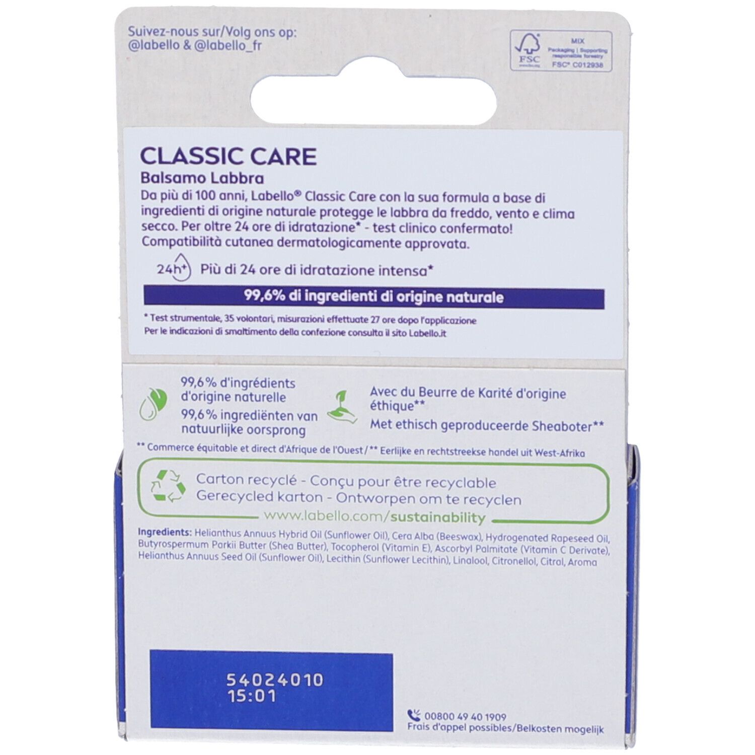 Retro confezione Labello Balsamo Labbra Classic Care Duopack. Testo: Classic Care, 99,6% ingredienti naturali, carta riciclata.
