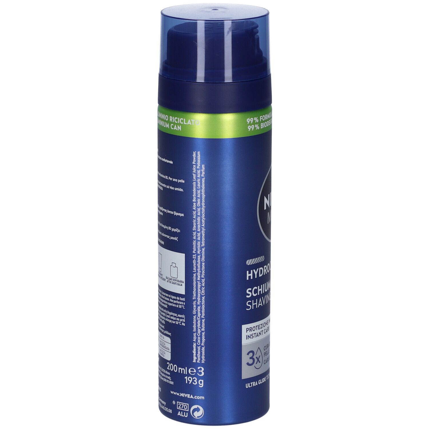 Bomboletta blu con tappo. Scritta: NIVEA MEN HYDROCARE. Testo e ingredienti sul retro. 200ml.