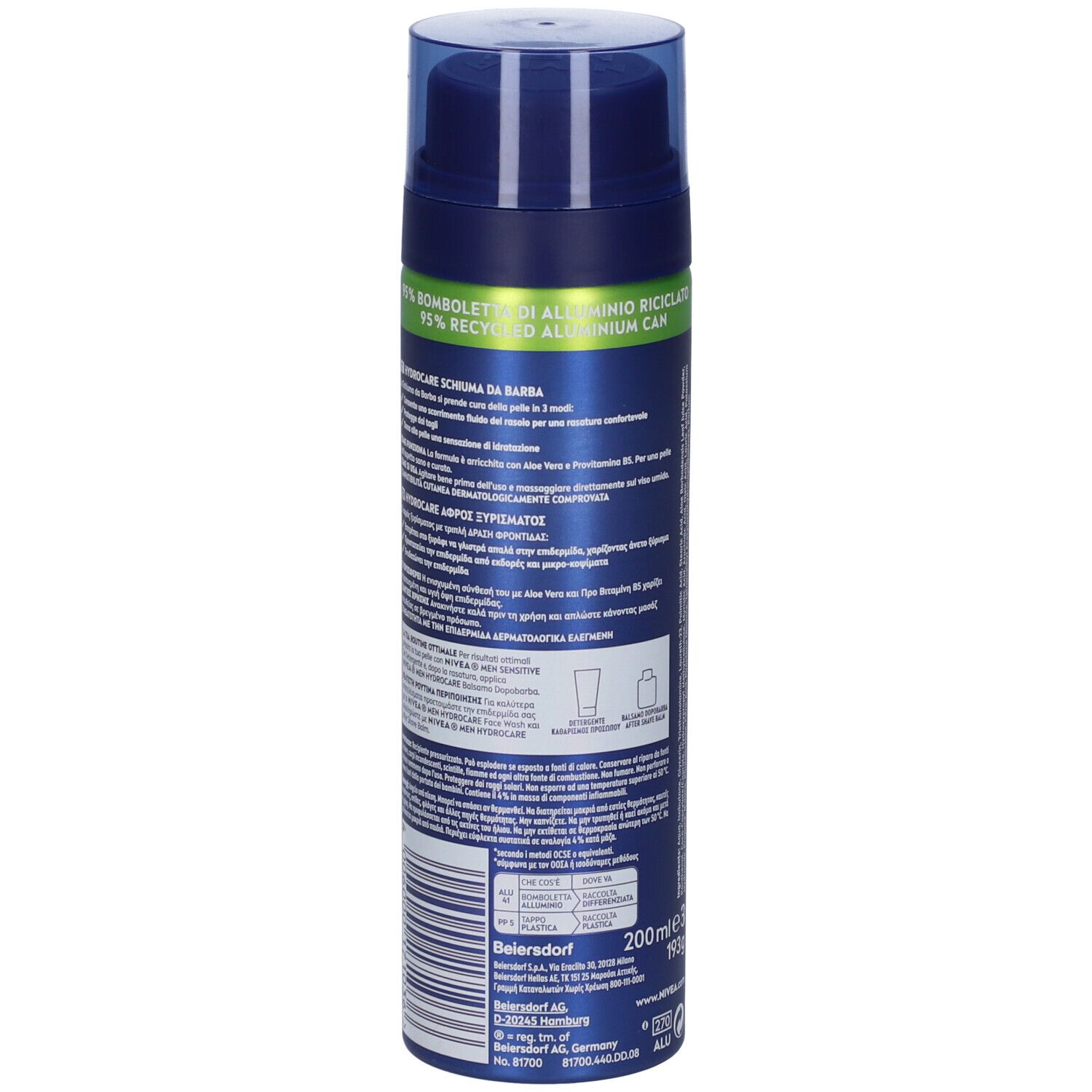 Bomboletta blu con tappo. Retro con testo e ingredienti. 200ml. Simbolo di riciclo dell'alluminio.