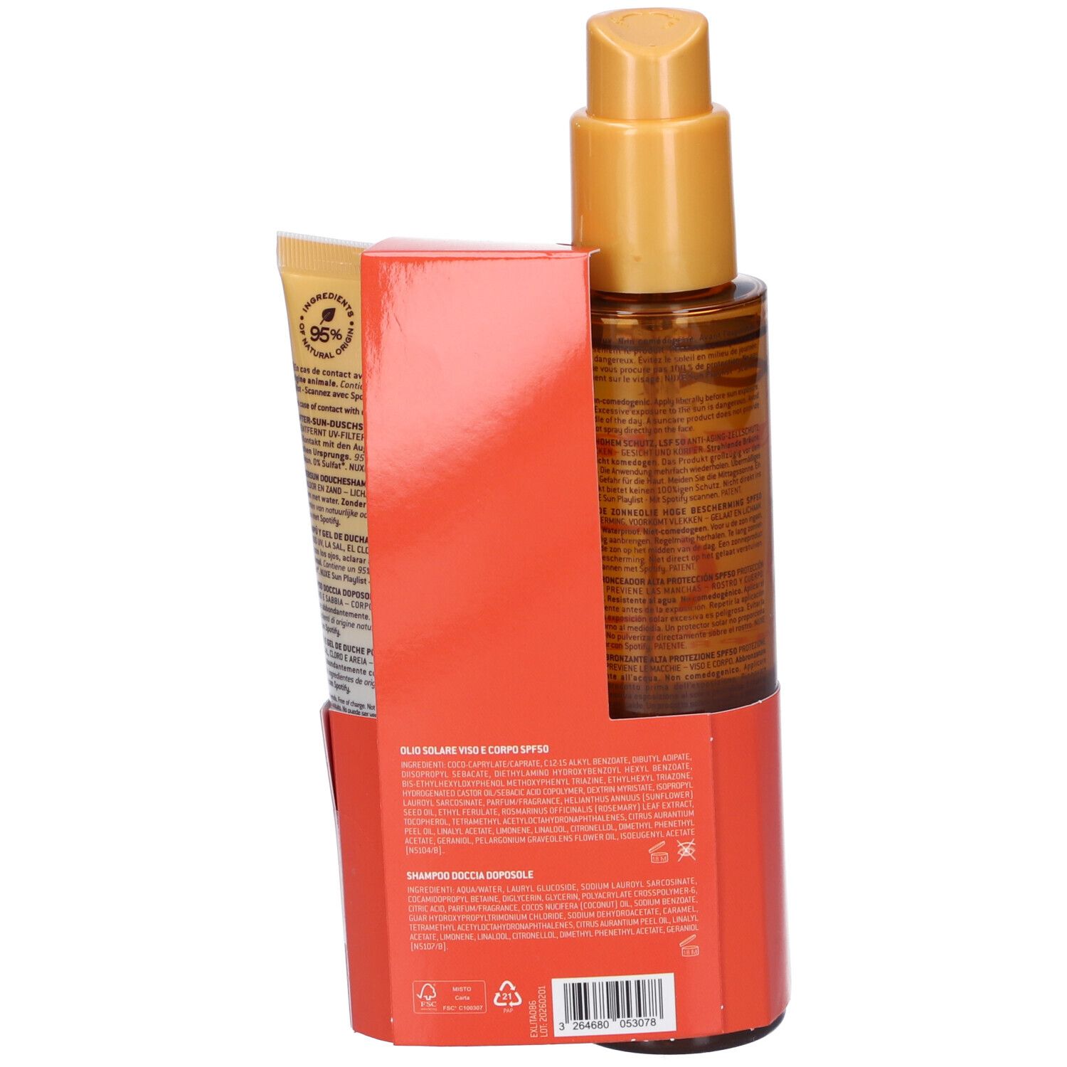 Retro della confezione arancione con spray olio solare e tubo shampoo. Testo e informazioni sul prodotto.