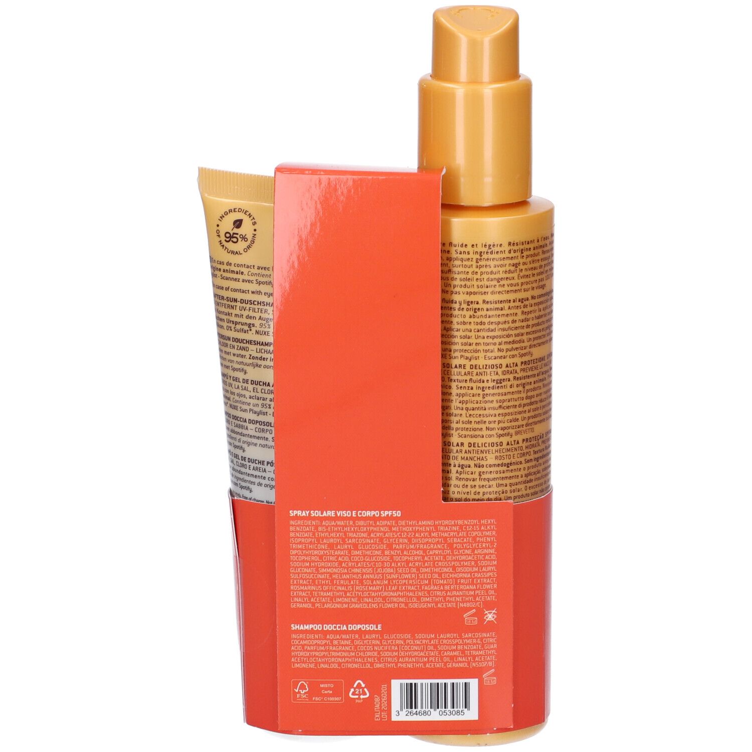 Retro del set spray solare e shampoo. Testo sulla confezione e sui prodotti. Supporto arancione.