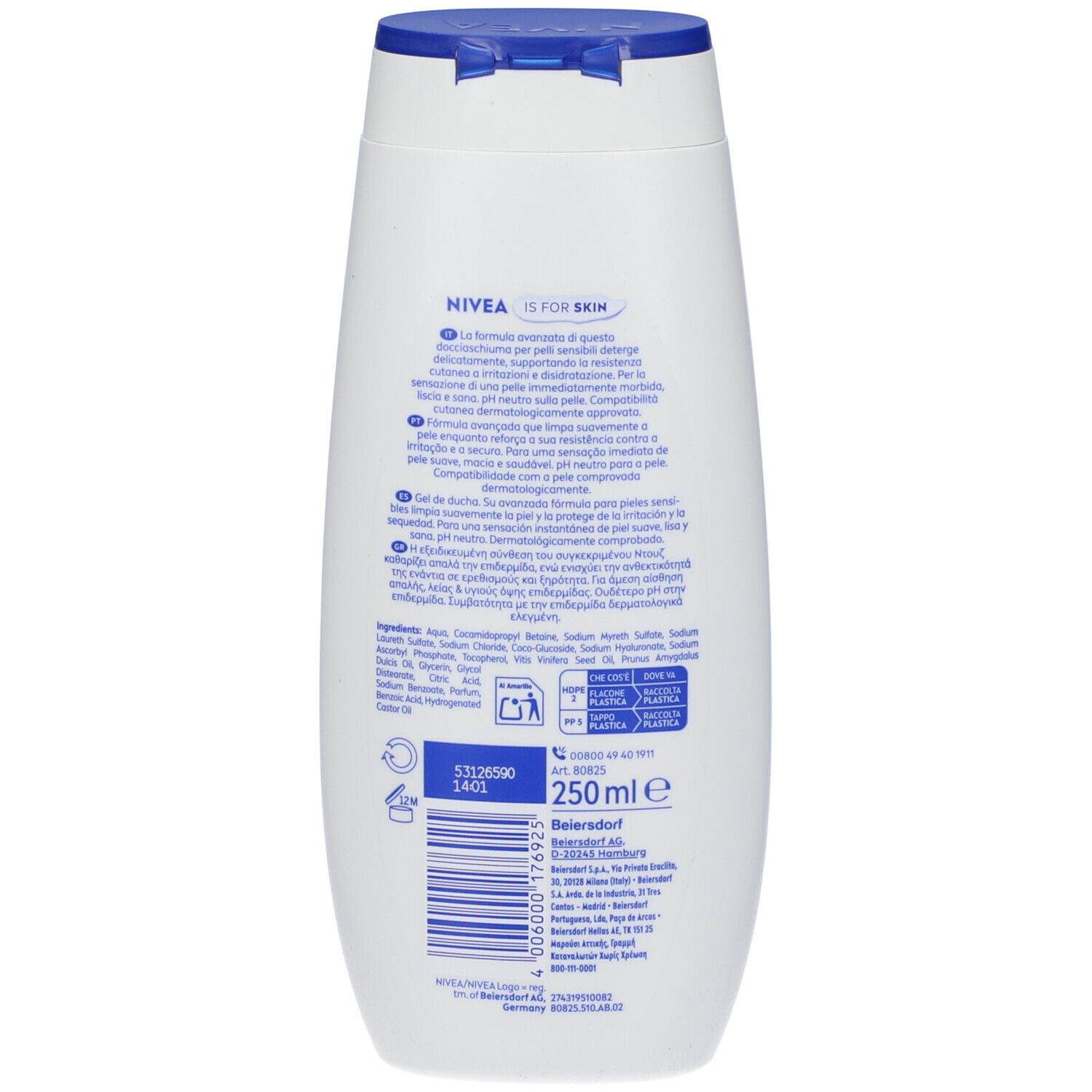 Retro del flacone bianco. Testo multilingue. Volume: 250 ml. Simboli di riciclaggio ed elenco degli ingredienti.