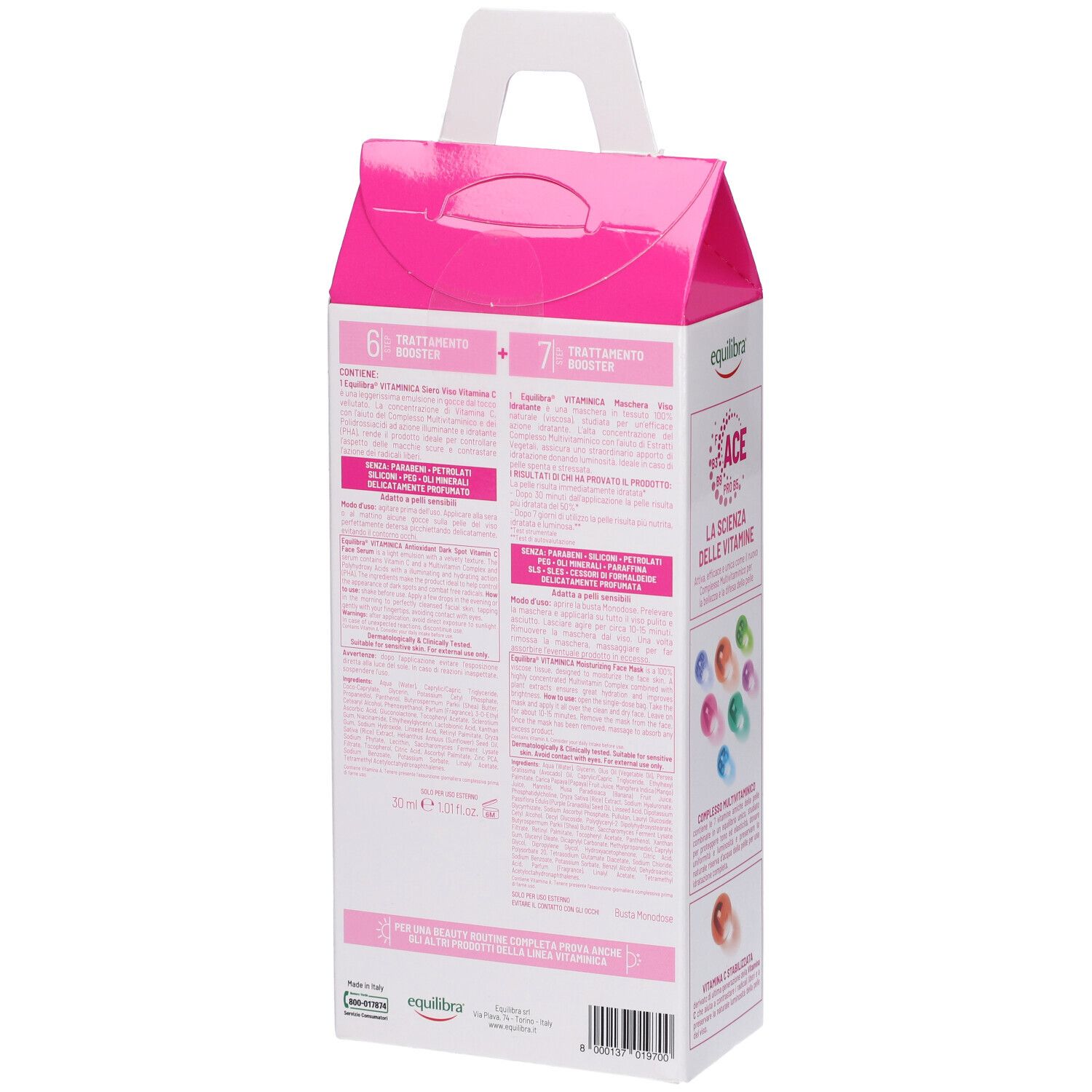 Retro della confezione con informazioni sul prodotto e ingredienti. Design rosa e bianco con testo.