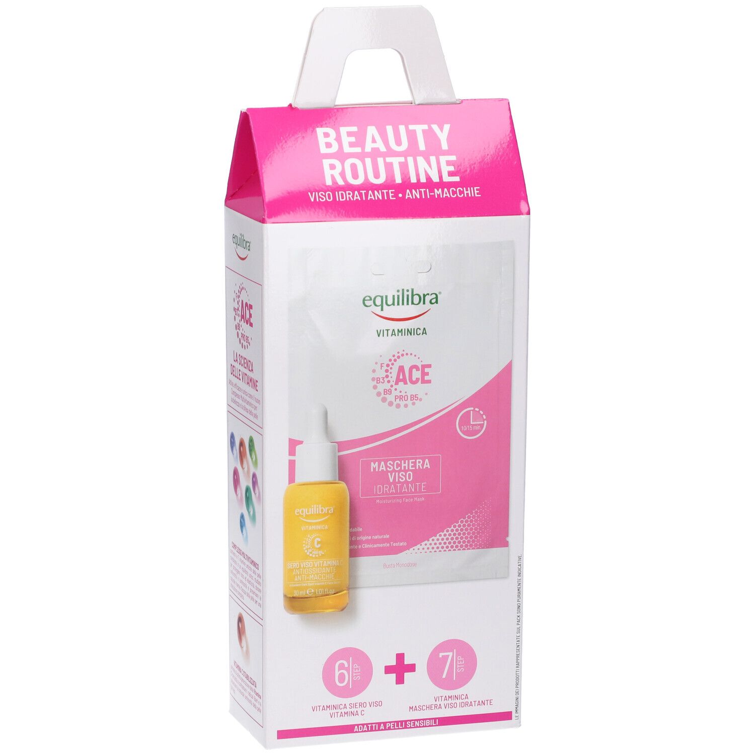 Confezione Vitaminica Siero Viso Vitamina C e maschera viso. Design rosa e bianco con immagine e testo del prodotto.
