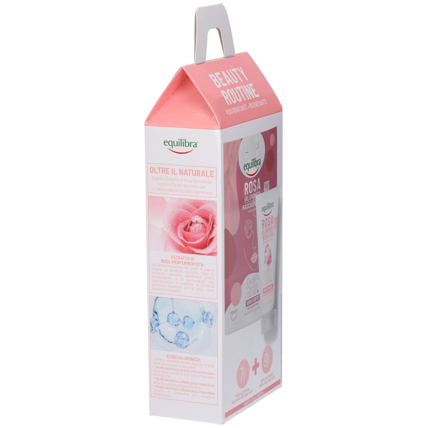 Confezione prodotto Rosa Ialuronica. Marchio Equilibra. Testo: Oltre il Naturale. Immagine di rosa e ingredienti.