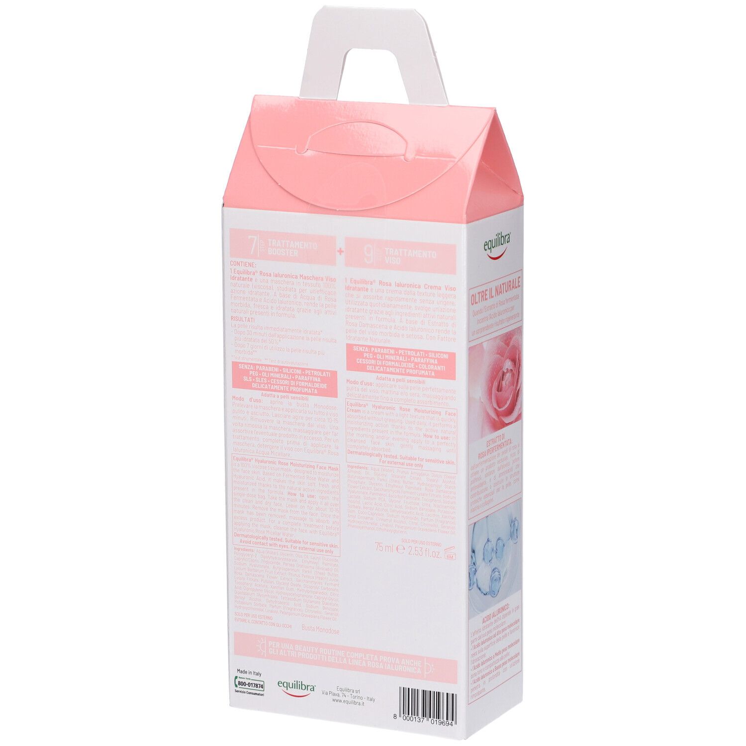 Retro della confezione Rosa Ialuronica. Testo e informazioni sul prodotto. Marchio Equilibra.