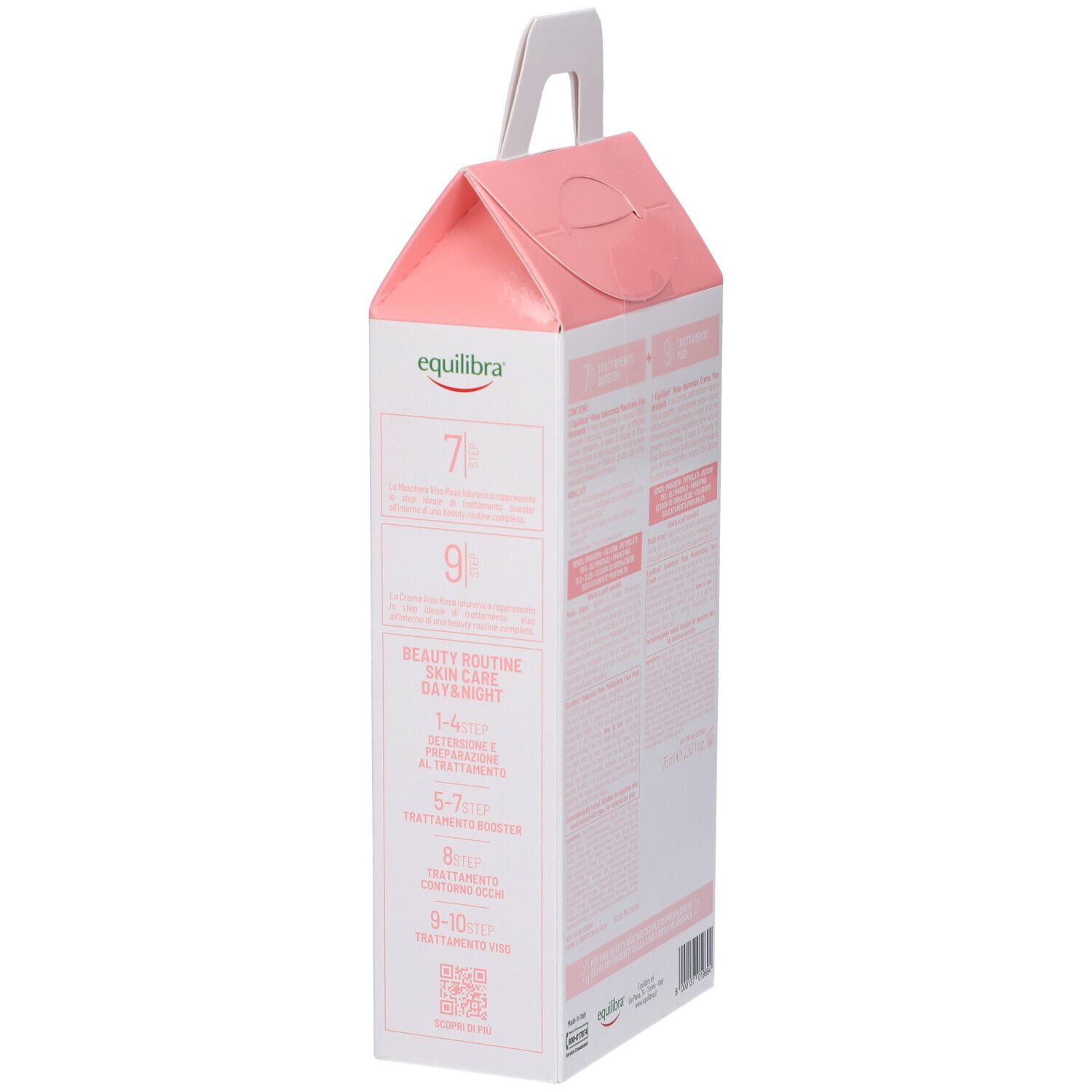 Vista laterale della confezione Rosa Ialuronica. Testo e informazioni sul prodotto. Marchio Equilibra.