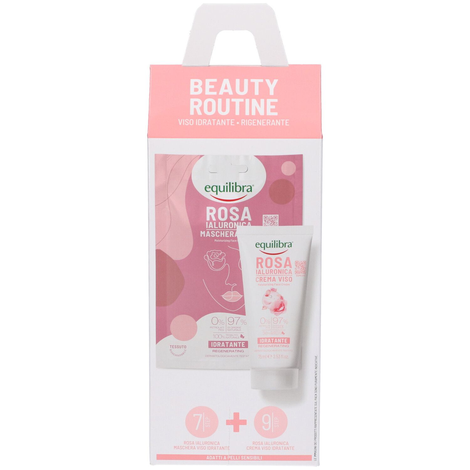 Confezione Equilibra Beauty Routine. Maschera e crema viso Rosa Ialuronica. Confezione rosa con manico.
