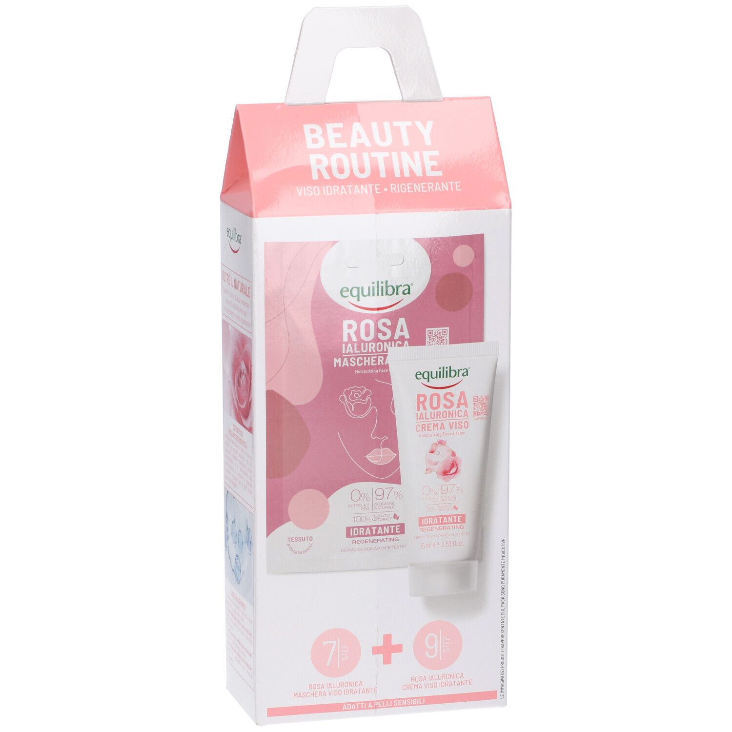 Confezione Equilibra Beauty Routine. Maschera e crema viso Rosa Ialuronica. Confezione rosa con manico.