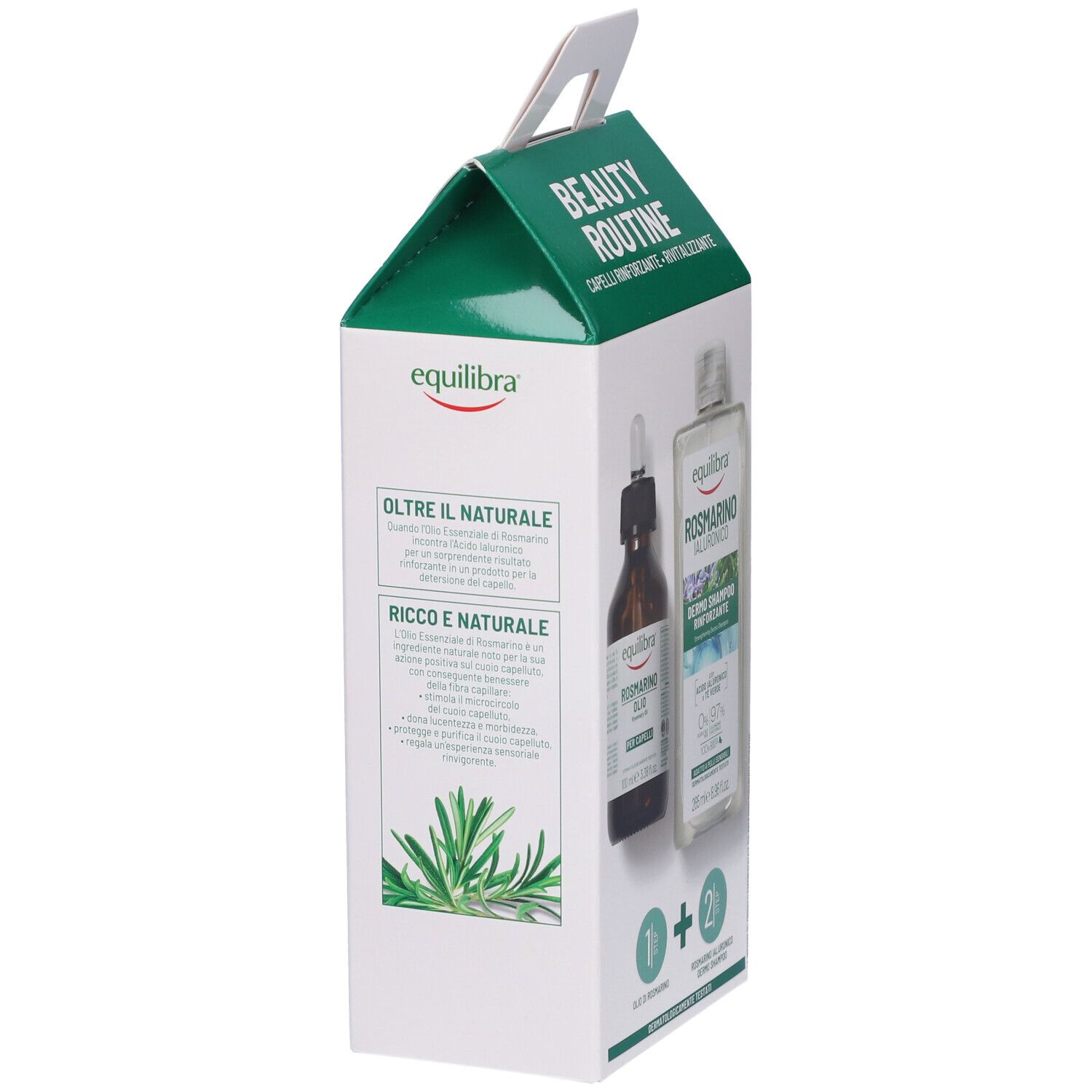 Retro della confezione. Testo sugli ingredienti naturali e l'uso. Immagini dei prodotti.