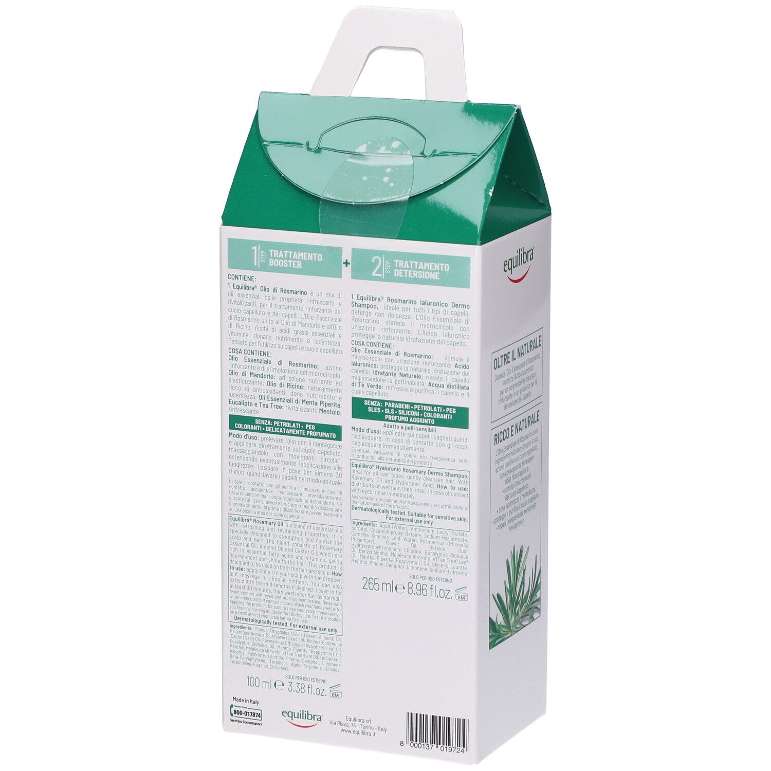 Retro della confezione con testo. Descrive l'uso in due fasi. Contiene informazioni sui prodotti.