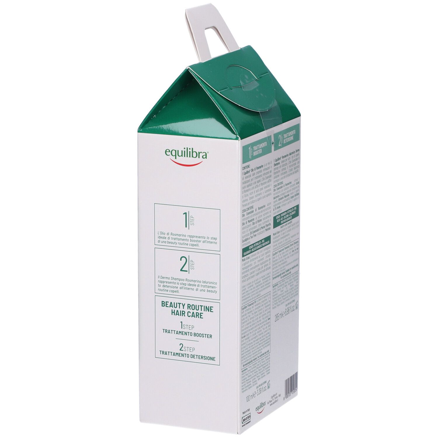 Confezione con testo. Descrive l'uso in due fasi. Contiene informazioni sui prodotti.