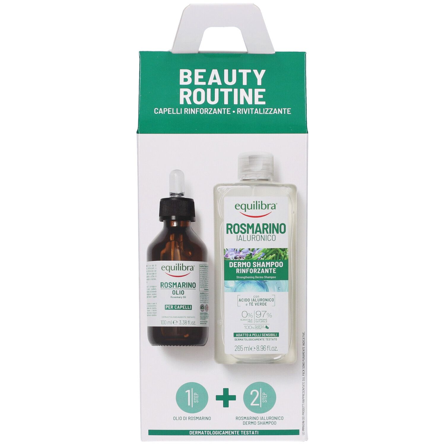 Confezione Equilibra Beauty Routine Capelli. Contiene olio e shampoo al rosmarino. Confezione bianca e verde con manico.