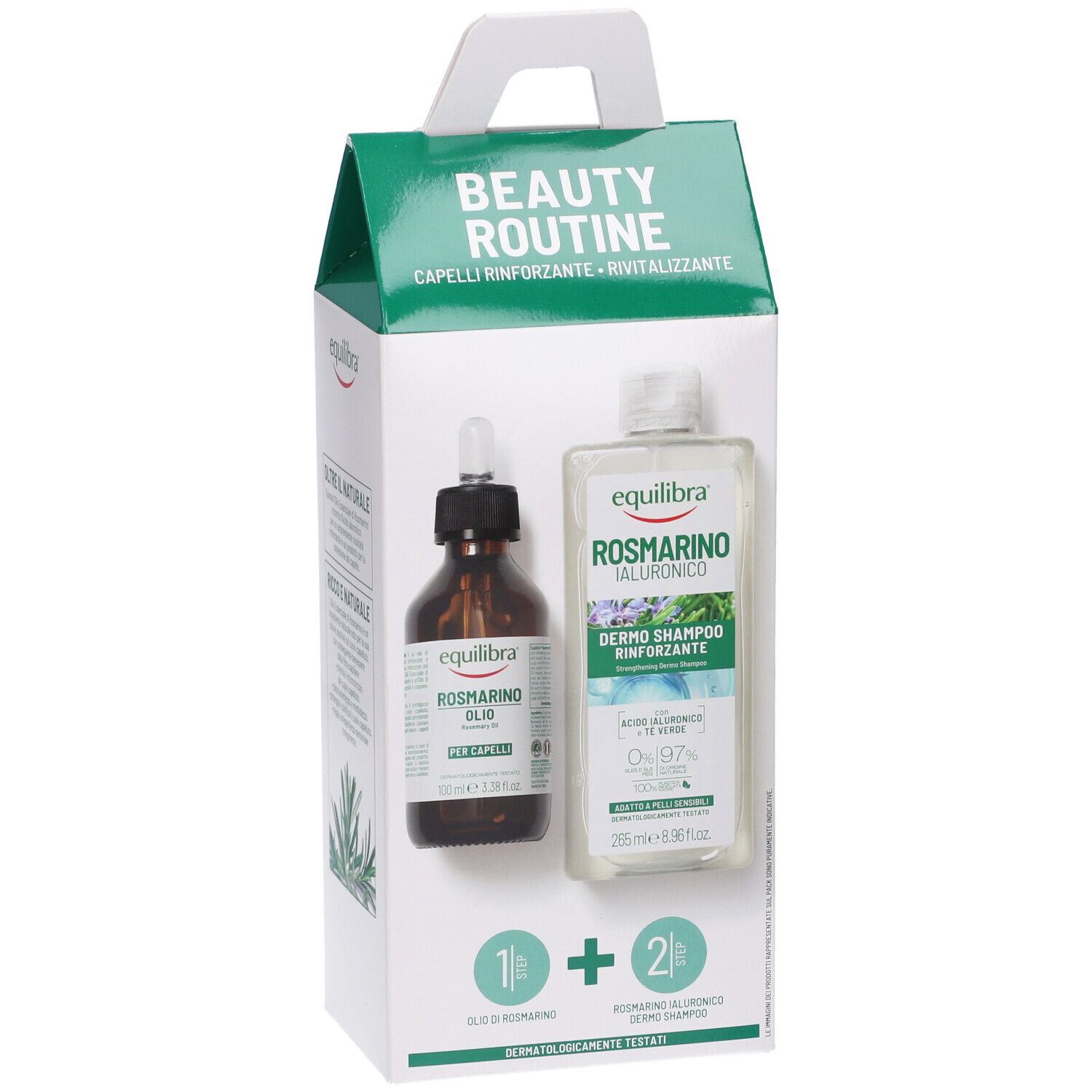 Confezione Equilibra Beauty Routine Capelli. Contiene olio e shampoo al rosmarino. Confezione bianca e verde con manico.