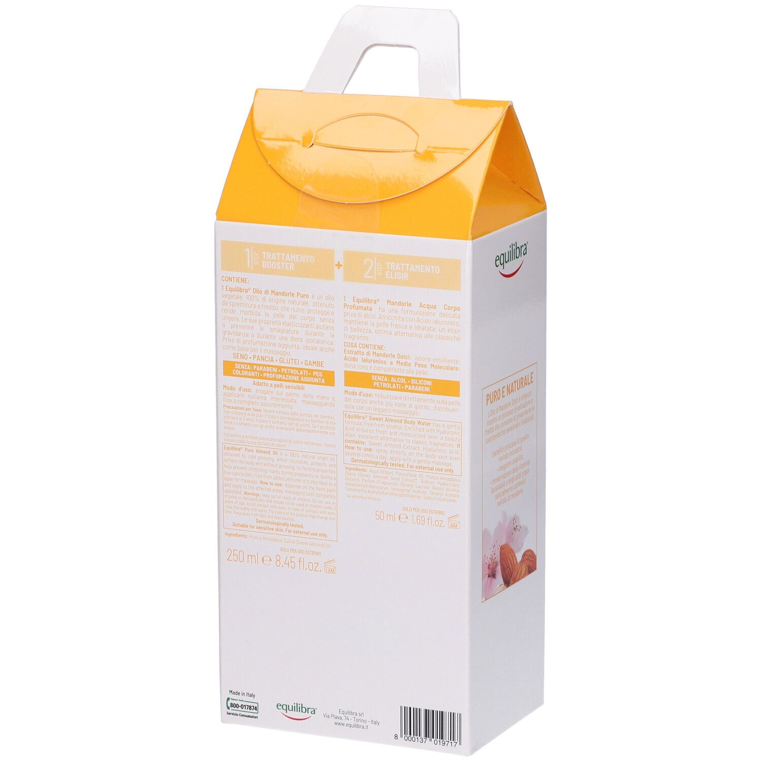 Retro della confezione con testo. Contiene informazioni sui prodotti. Testo: Equilibra, 250 ml + 50 ml.