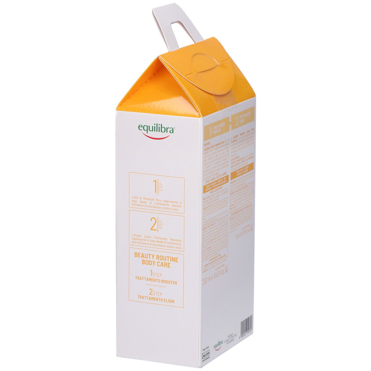 Confezione con testo e loghi. Contiene informazioni sui prodotti. Testo: Equilibra, Beauty Routine Body Care.