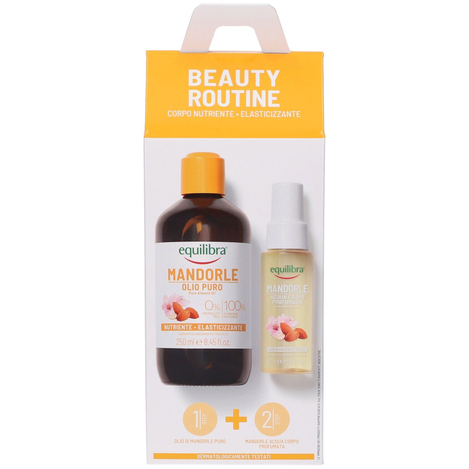 Confezione con due prodotti per la cura del corpo. Contiene una bottiglia e un flacone spray. Testo: Equilibra, Beauty Routine.