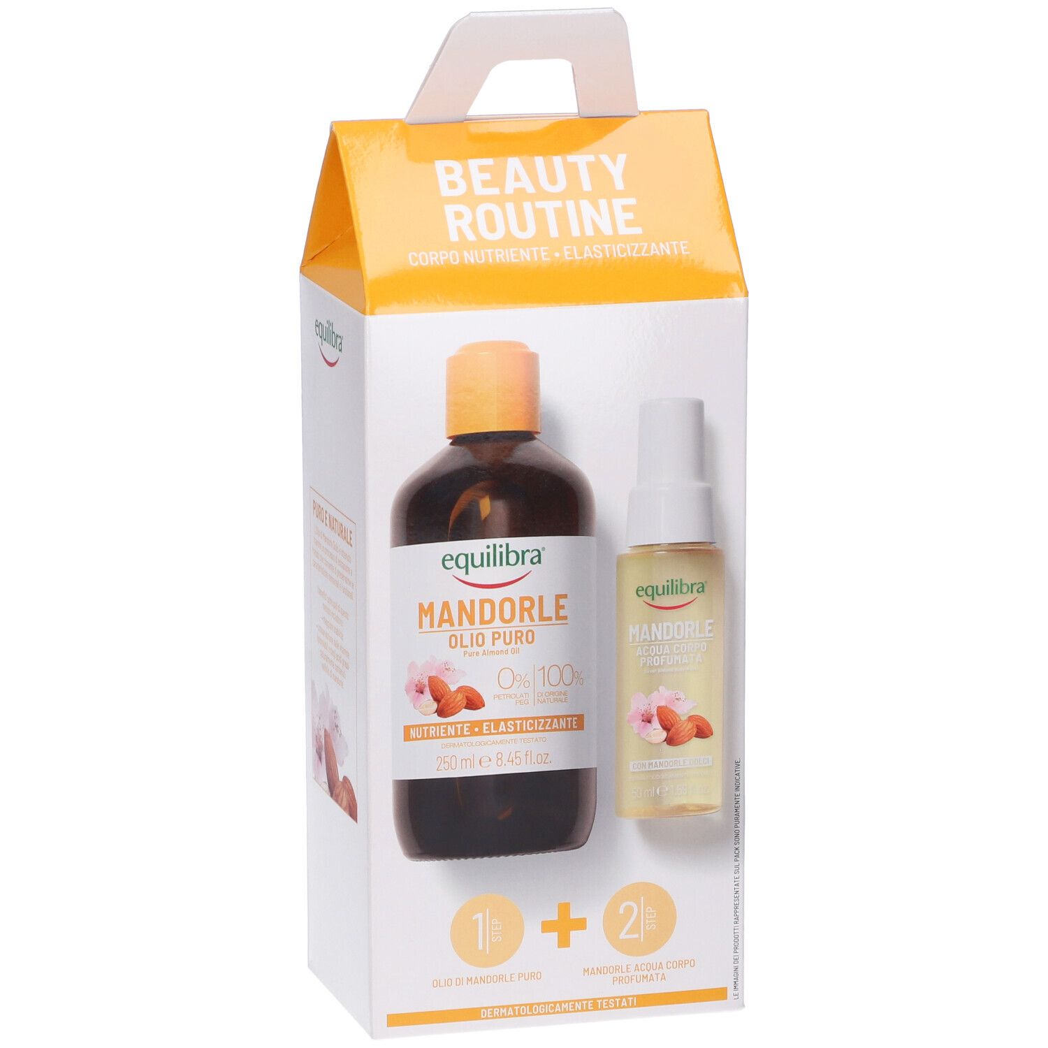Confezione con due prodotti per la cura del corpo. Contiene una bottiglia e un flacone spray. Testo: Equilibra, Beauty Routine.