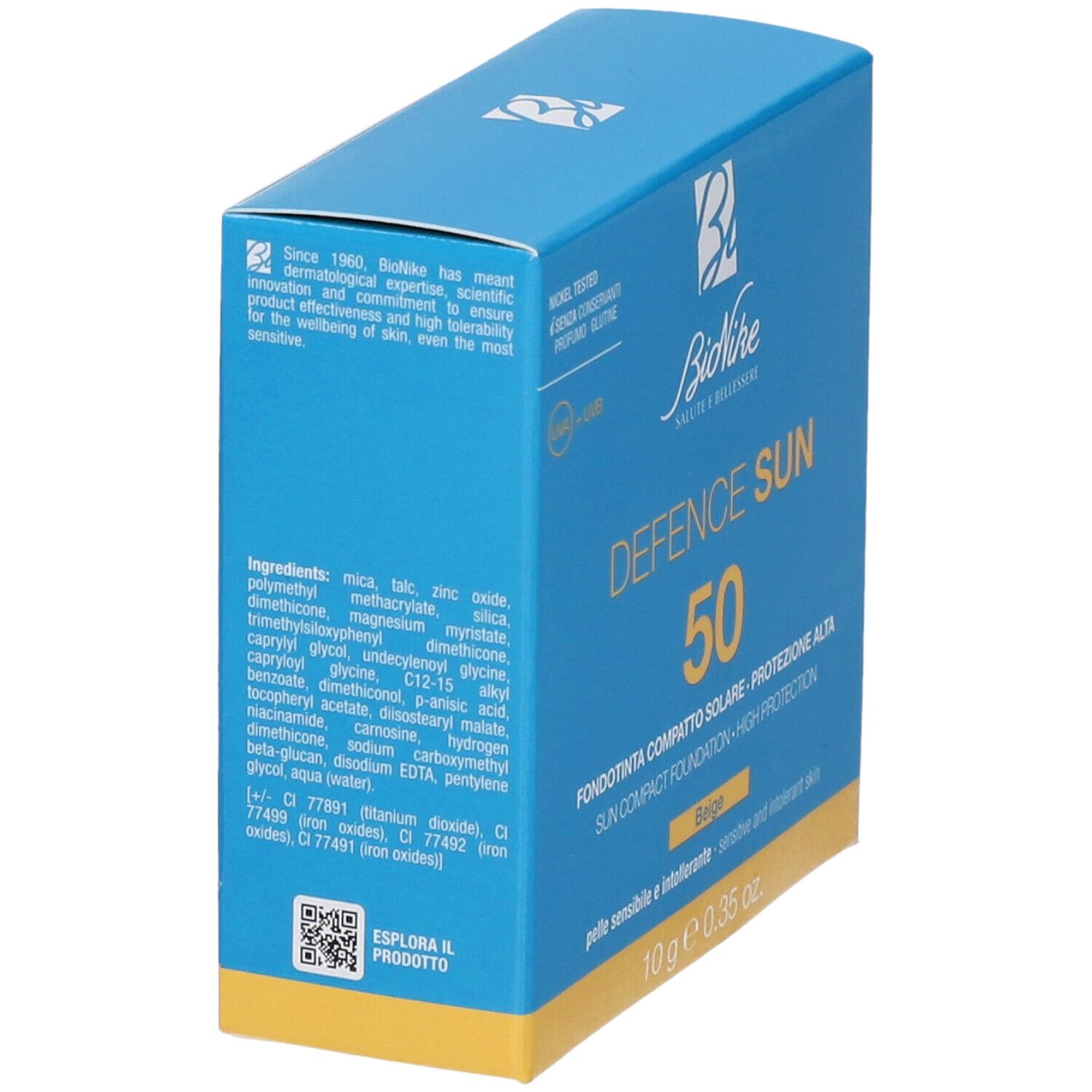Scatola blu. Bionike Defence Sun 50. Ingredienti, codice QR. Nickel tested, senza conservanti, profumo, glutine. 10g.