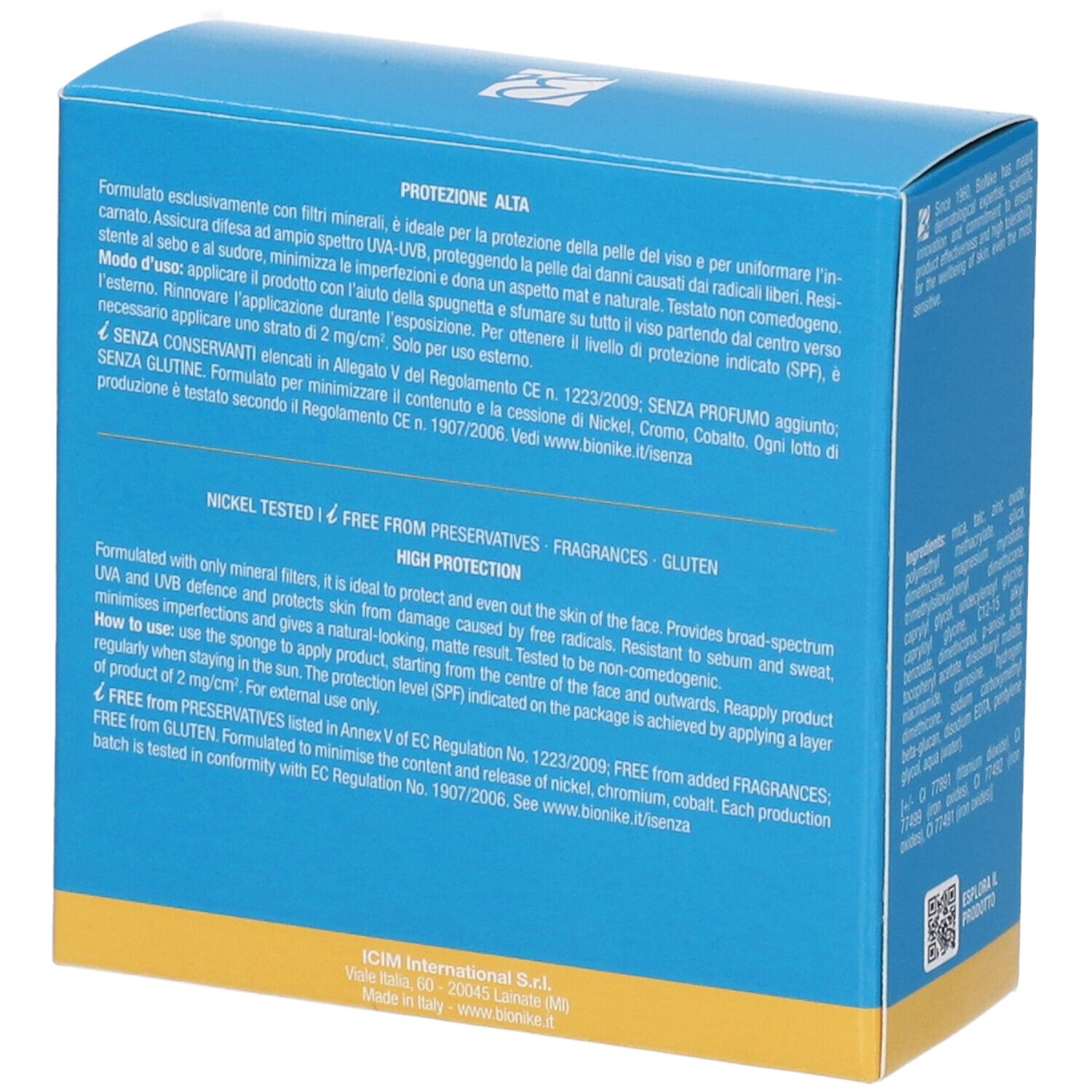 Scatola blu. Bionike Defence Sun 50. Testo sulla protezione solare. Nickel tested, senza conservanti, profumo, glutine.