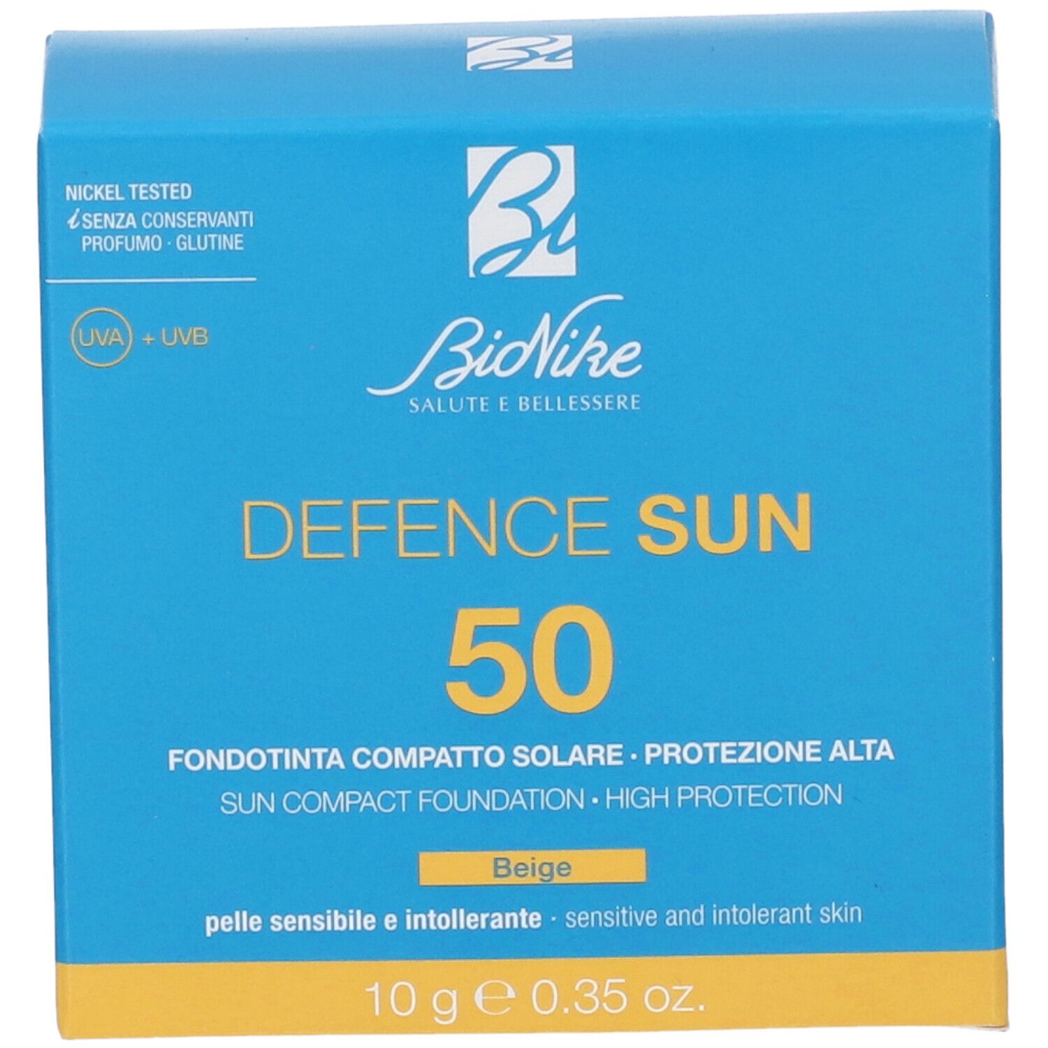Scatola blu. Bionike Defence Sun 50, fondotinta solare. Beige. Nickel tested, senza conservanti, profumo, glutine. 10g.