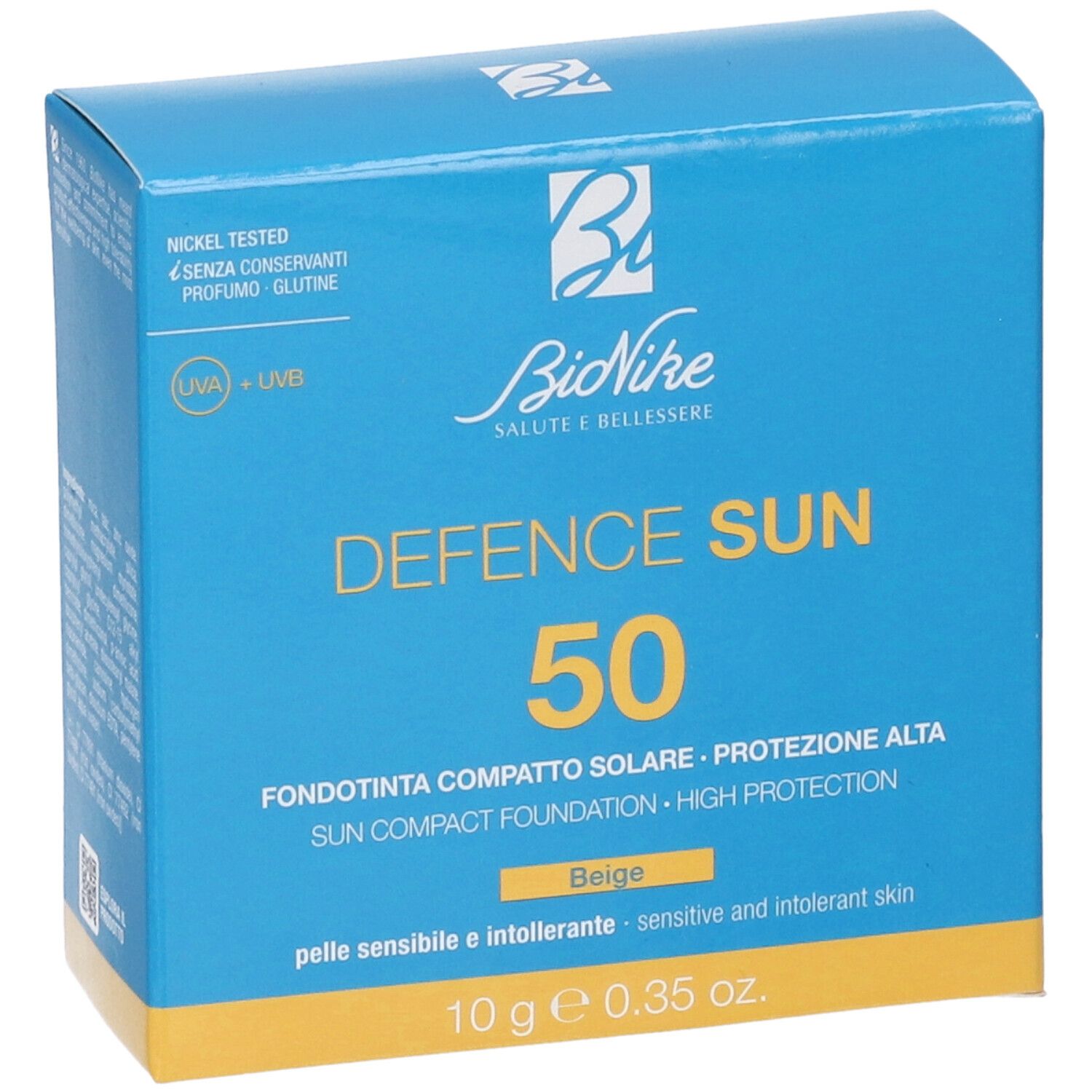 Scatola blu. Bionike Defence Sun 50, fondotinta solare. Beige. Nickel tested, senza conservanti, profumo, glutine. 10g.