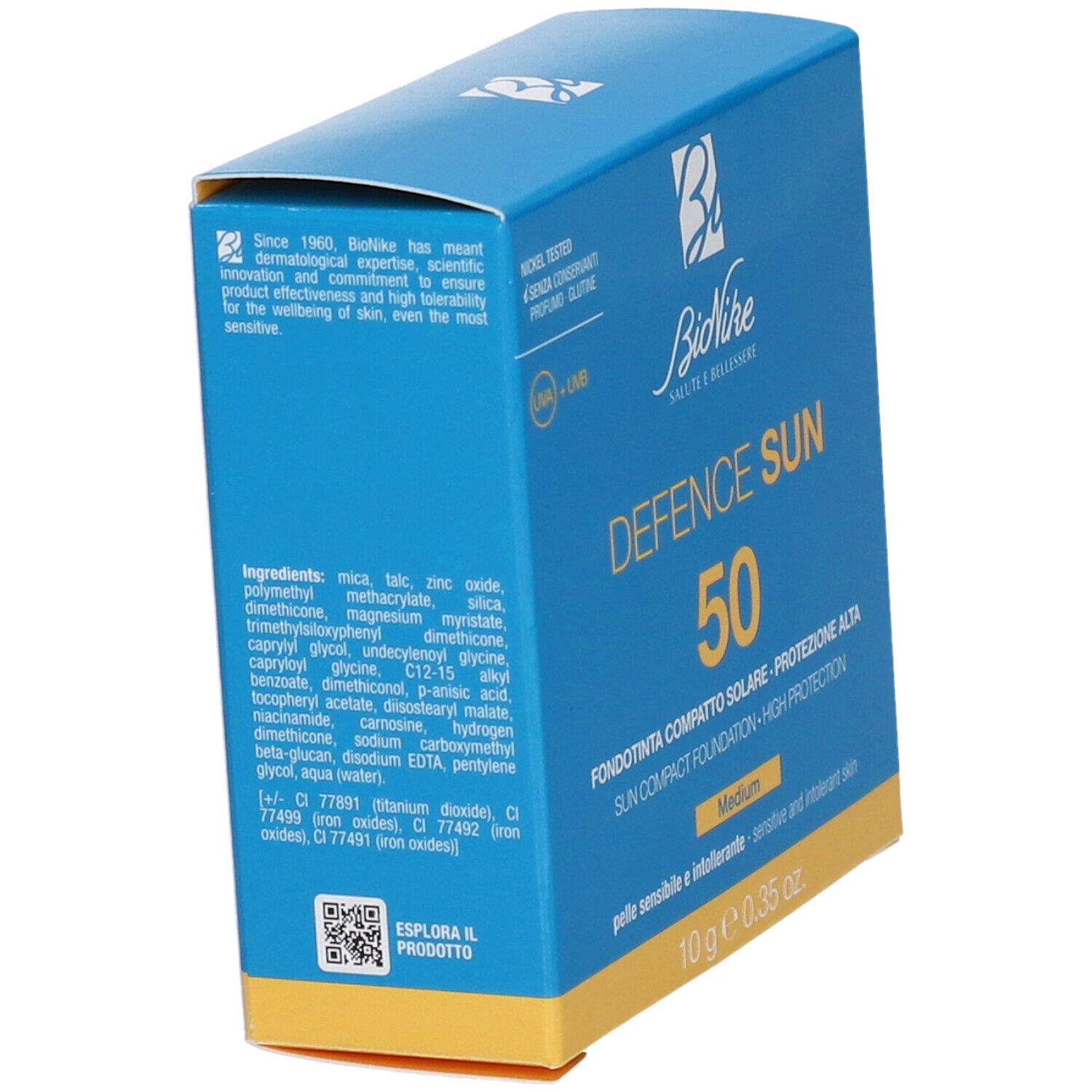 Scatola blu Bionike con testo. Contiene 'DEFENCE SUN 50'. Ingredienti elencati. 'Nickel Tested' e 'Senza glutine' sulla confezione.