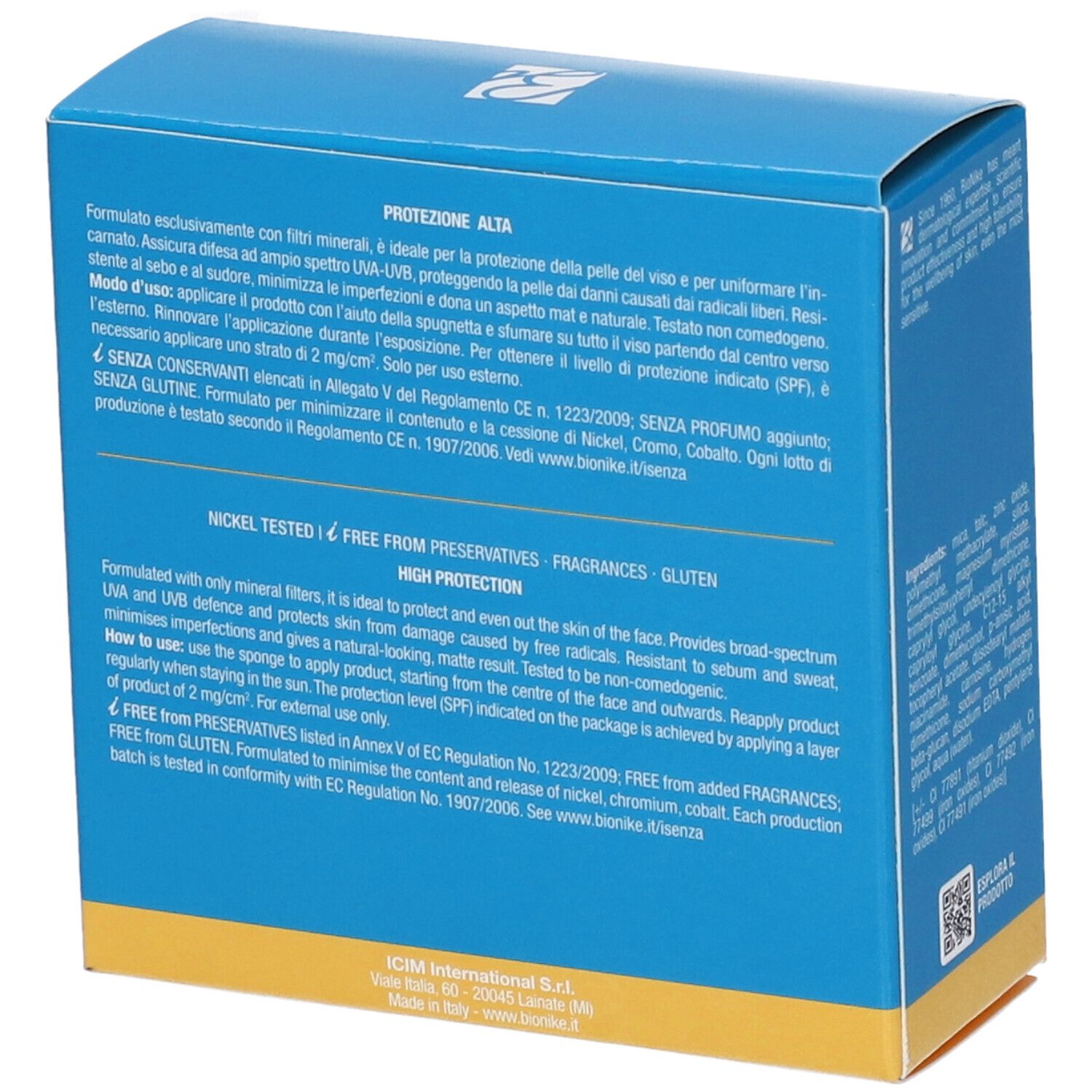Retro della scatola blu Bionike. Testo su alta protezione, istruzioni per l'uso e ingredienti. 'Nickel Tested' e 'Senza glutine'.