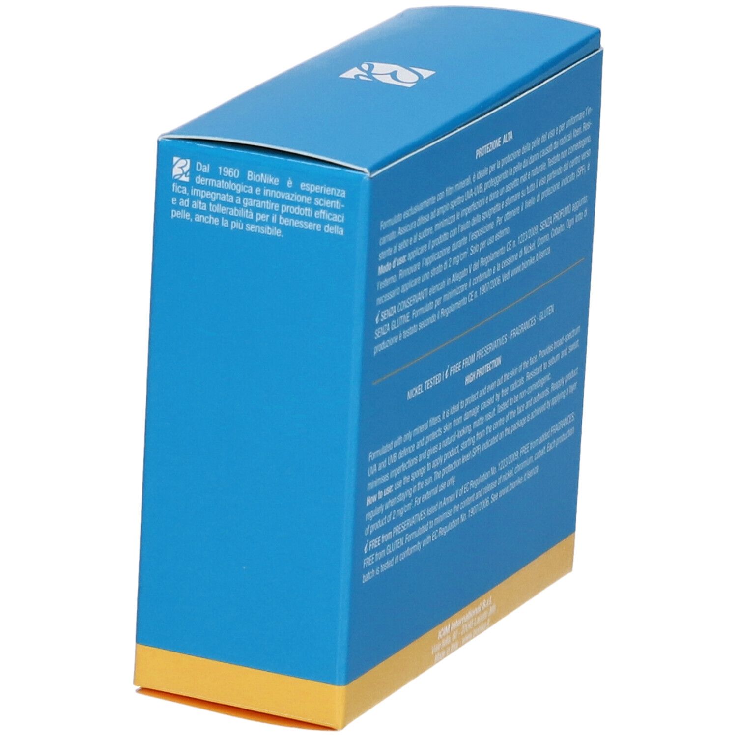 Scatola blu Bionike con testo. Contiene 'DEFENCE SUN 50'. Testo sull'esperienza dermatologica e l'innovazione. Base gialla.